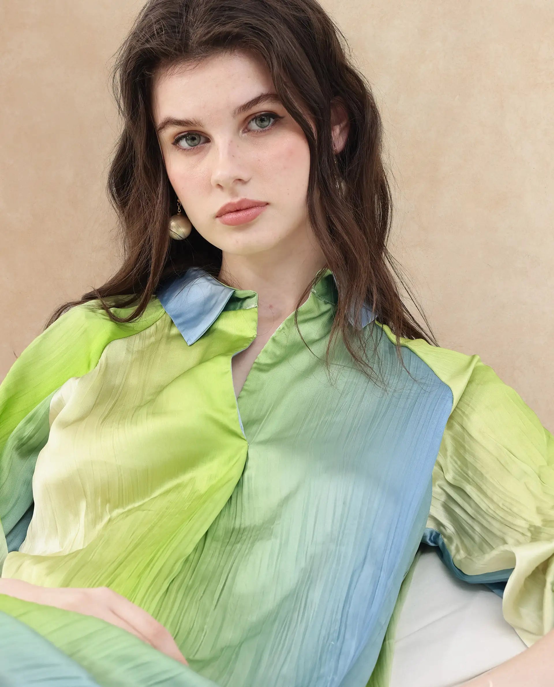 Rareism Women Boris Multi Polyester Fabric Cap Sleeve Collared Neck Ombre Longline Dress