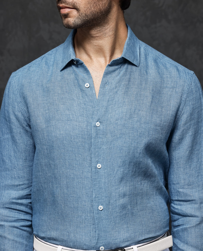 Rare Rabbit Mens Borium-2 Dusky Blue Full Sleeve Melange Linen Fabric Solid Shirt