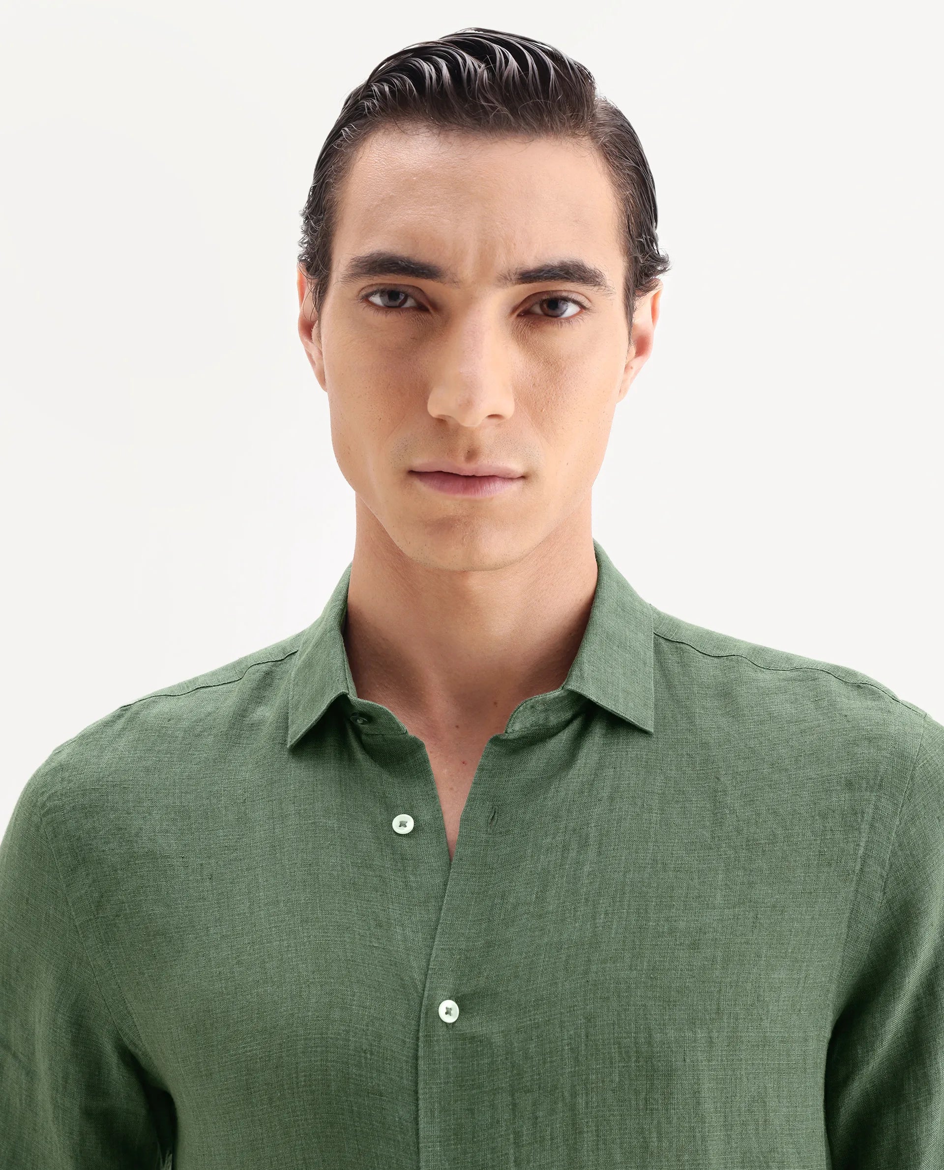 Rare Rabbit Men's Borium-25 Dark Green 100% Linen Fabric Spread Collar Regular Fit Plain Shirt
