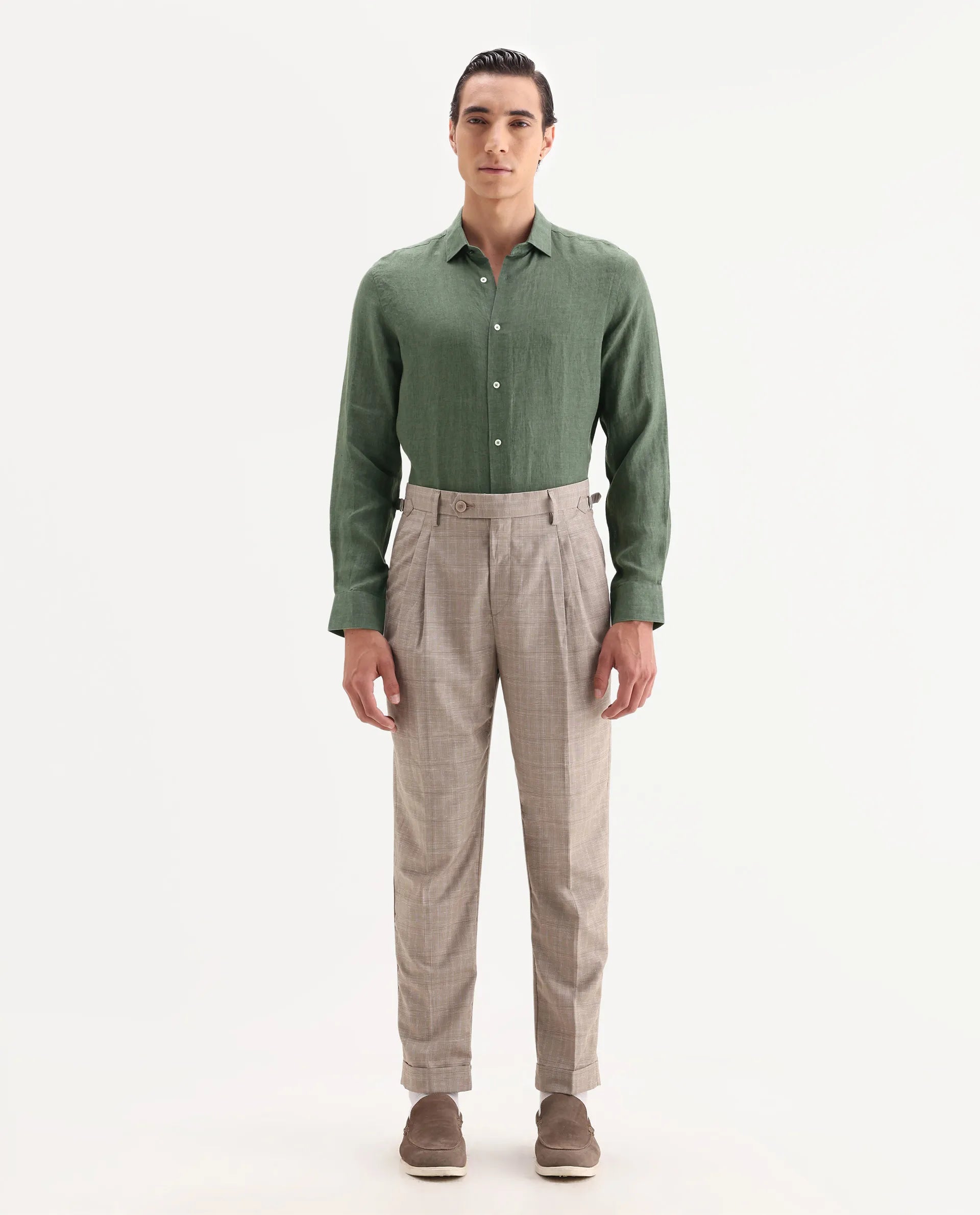 Rare Rabbit Men's Borium-25 Dark Green 100% Linen Fabric Spread Collar Regular Fit Plain Shirt