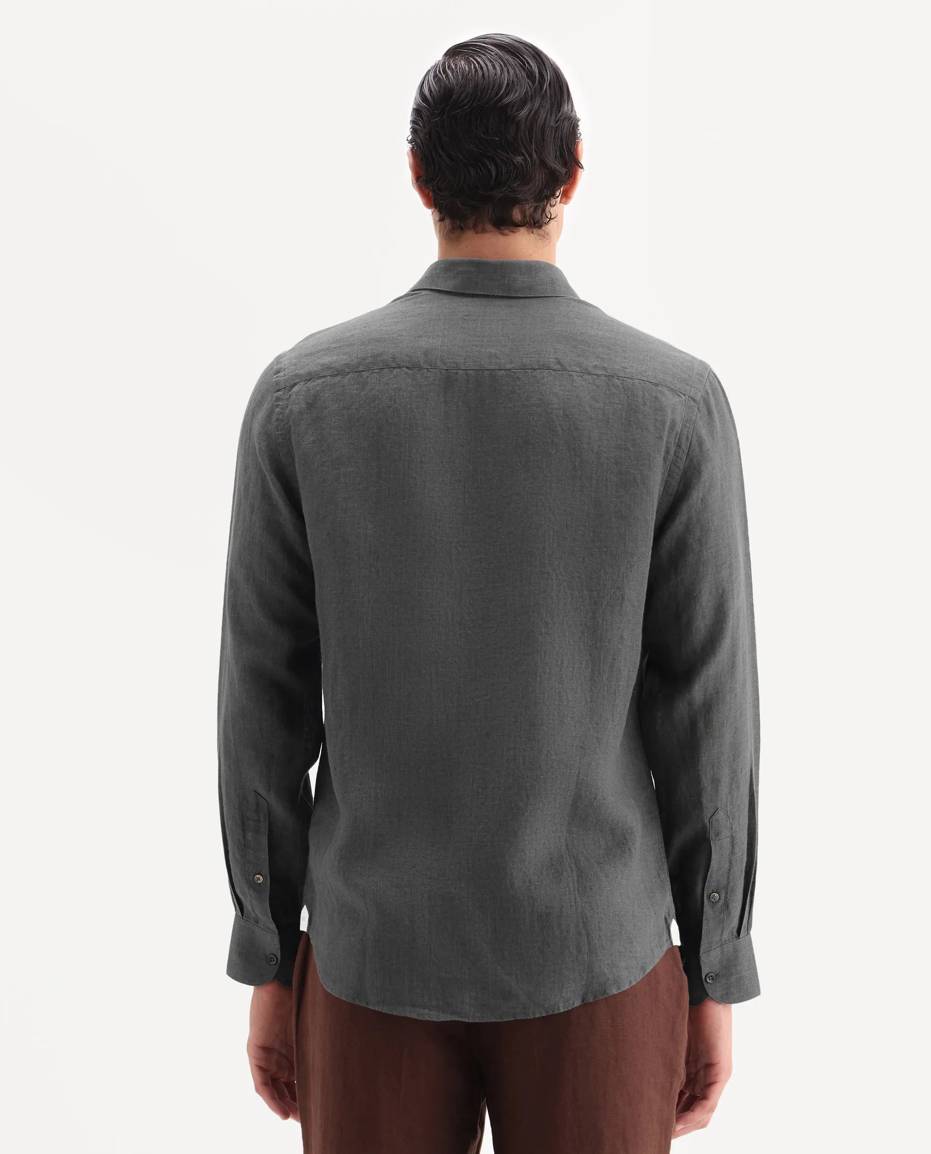 Rare Rabbit Men's Borium-25 Grey 100% Linen Fabric Spread Collar Regular Fit Plain Shirt