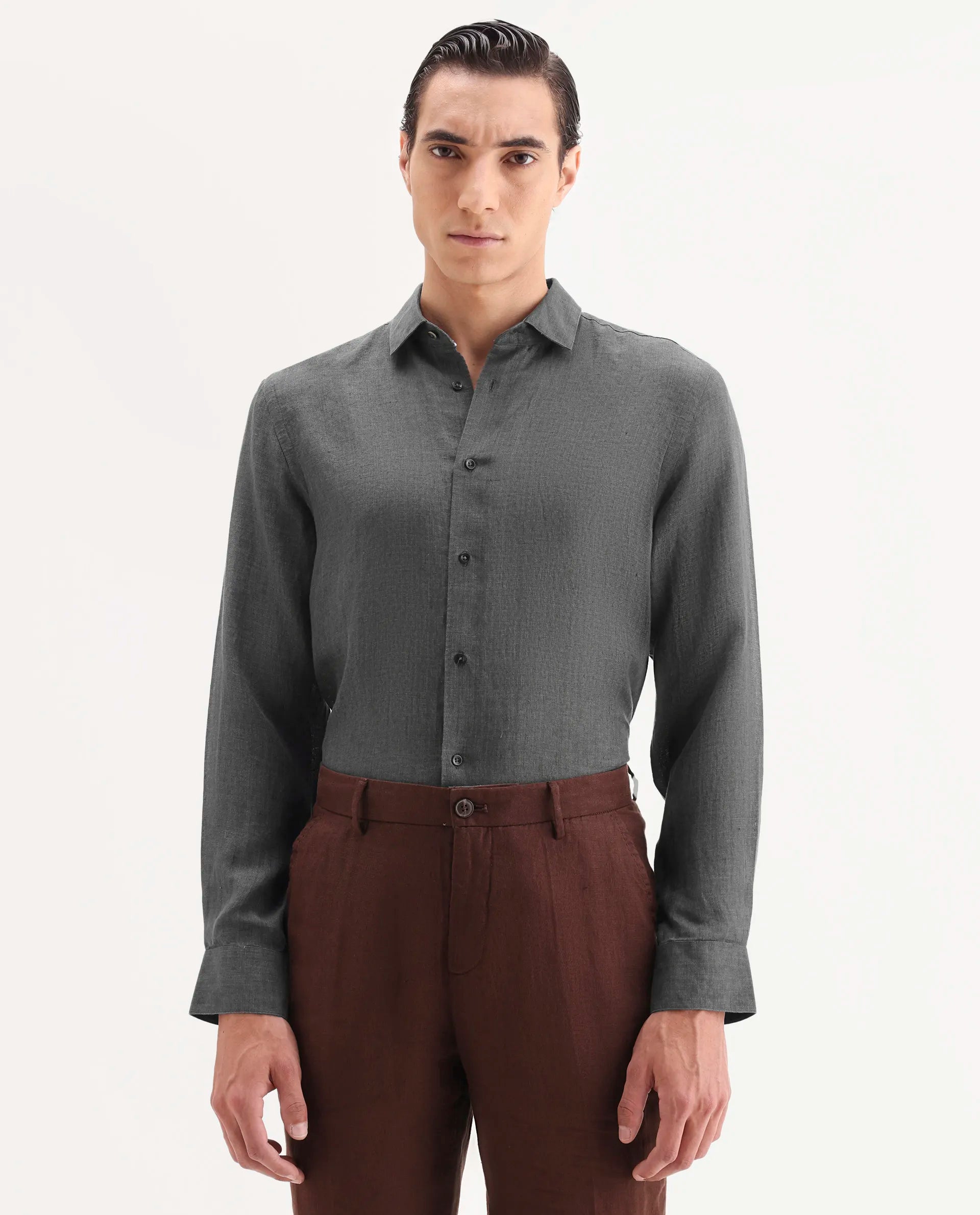 Rare Rabbit Men's Borium-25 Grey 100% Linen Fabric Spread Collar Regular Fit Plain Shirt