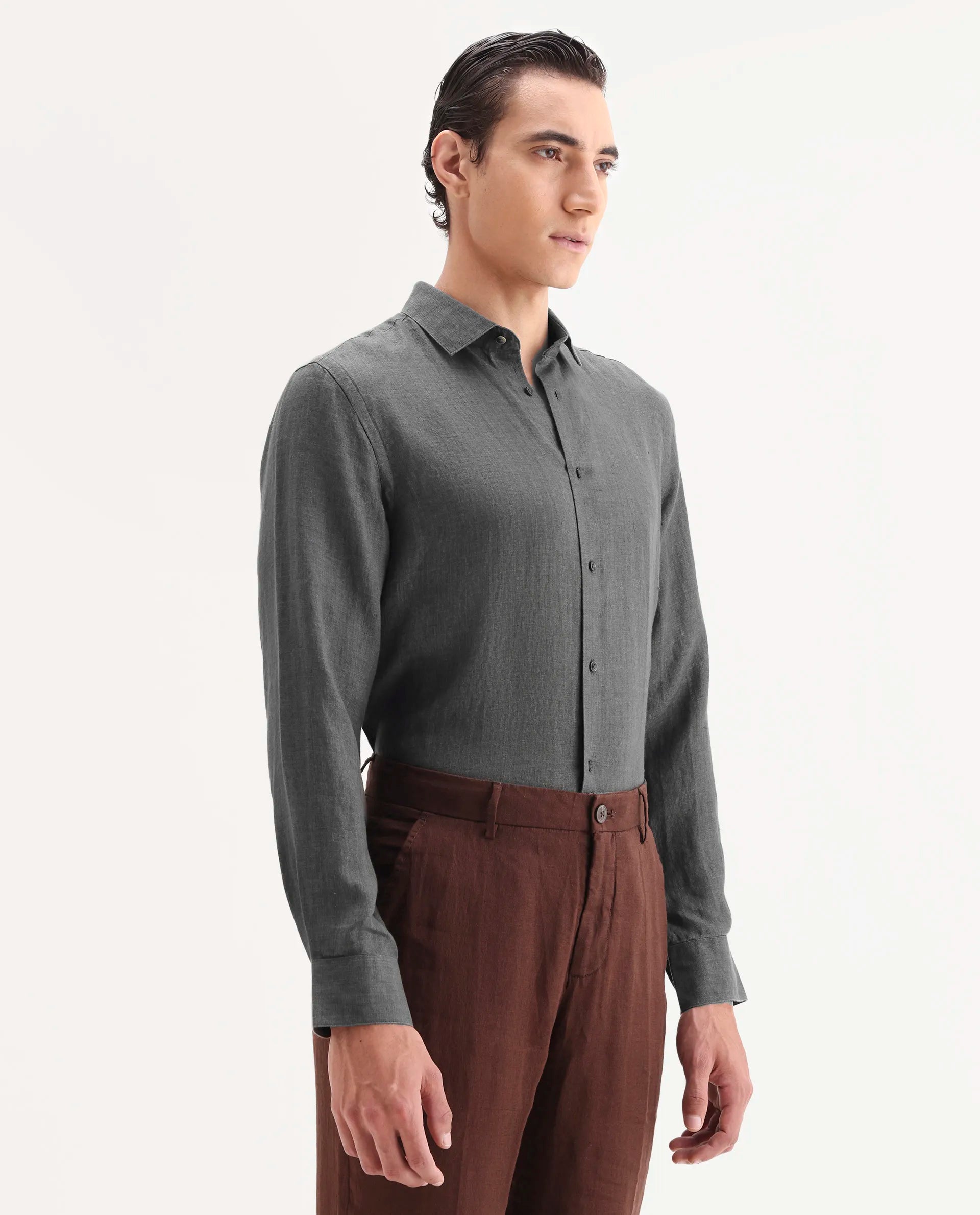 Rare Rabbit Men's Borium-25 Grey 100% Linen Fabric Spread Collar Regular Fit Plain Shirt