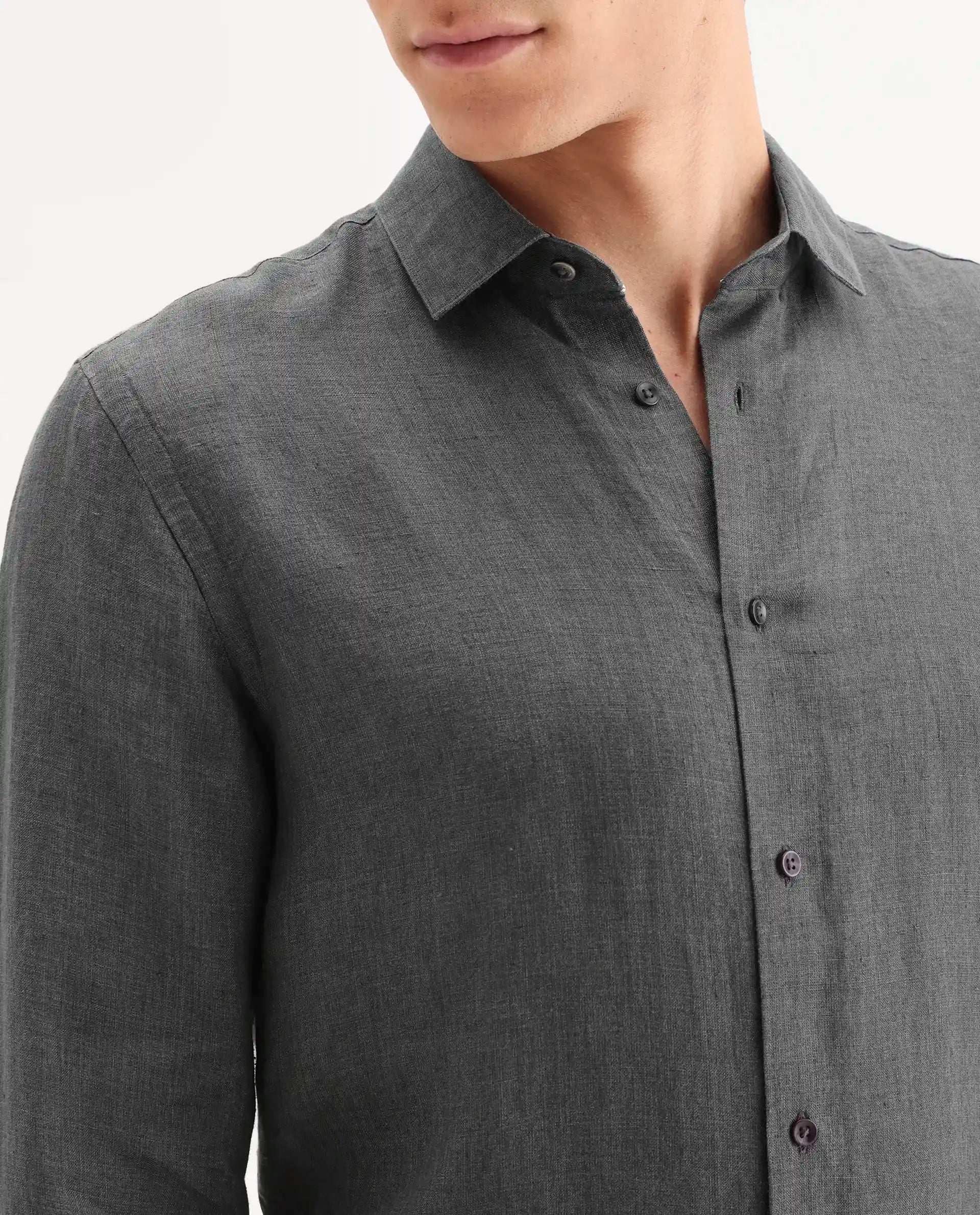 Rare Rabbit Men's Borium-25 Grey 100% Linen Fabric Spread Collar Regular Fit Plain Shirt