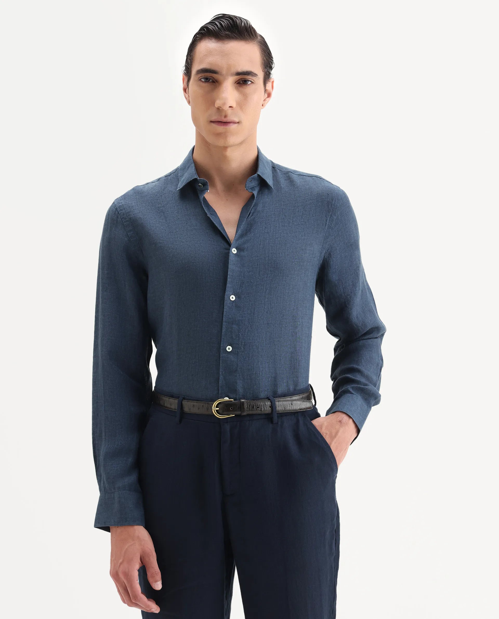 Rare Rabbit Men's Borium-25 Navy 100% Linen Fabric Spread Collar Regular Fit Plain Shirt