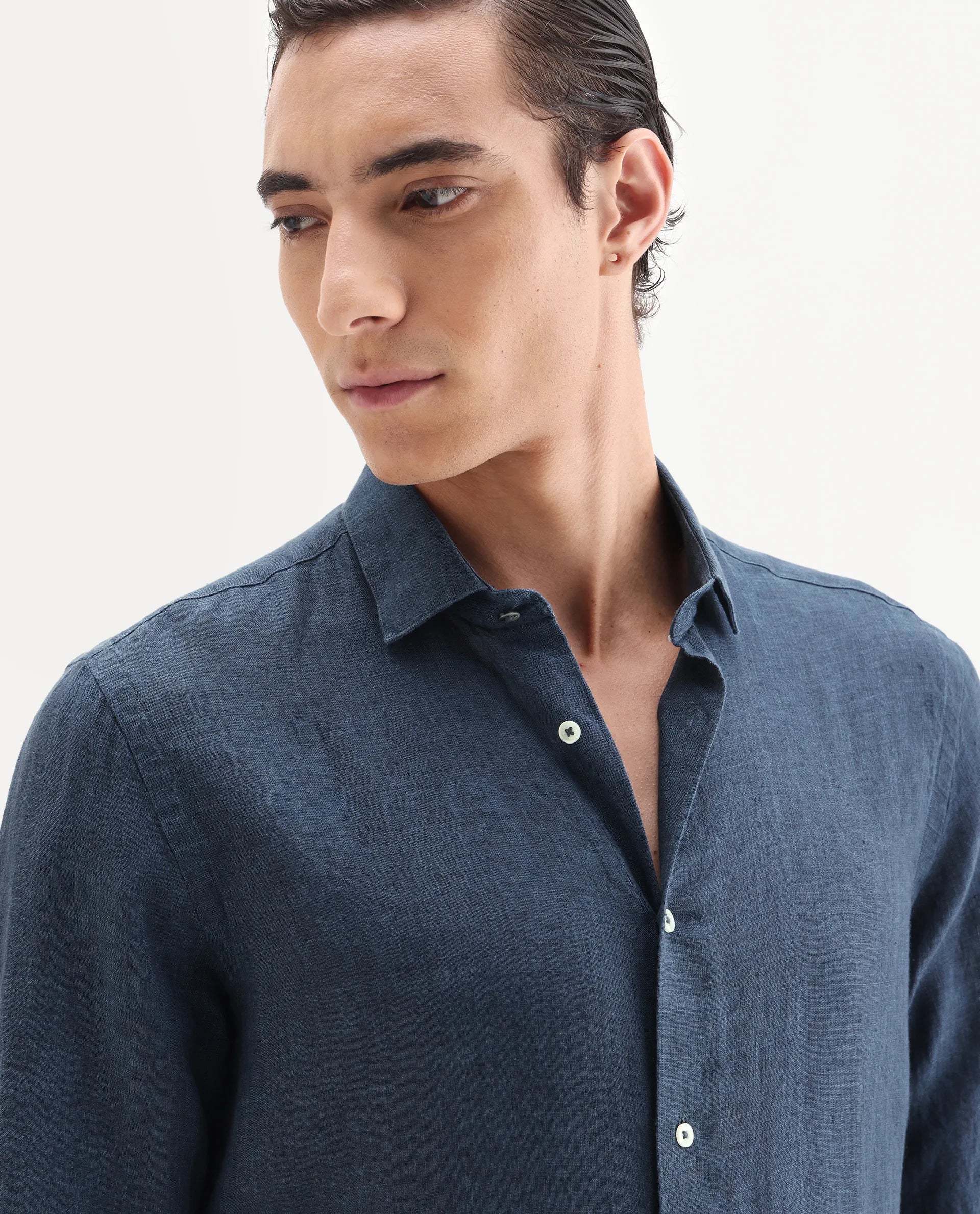 Rare Rabbit Men's Borium-25 Navy 100% Linen Fabric Spread Collar Regular Fit Plain Shirt