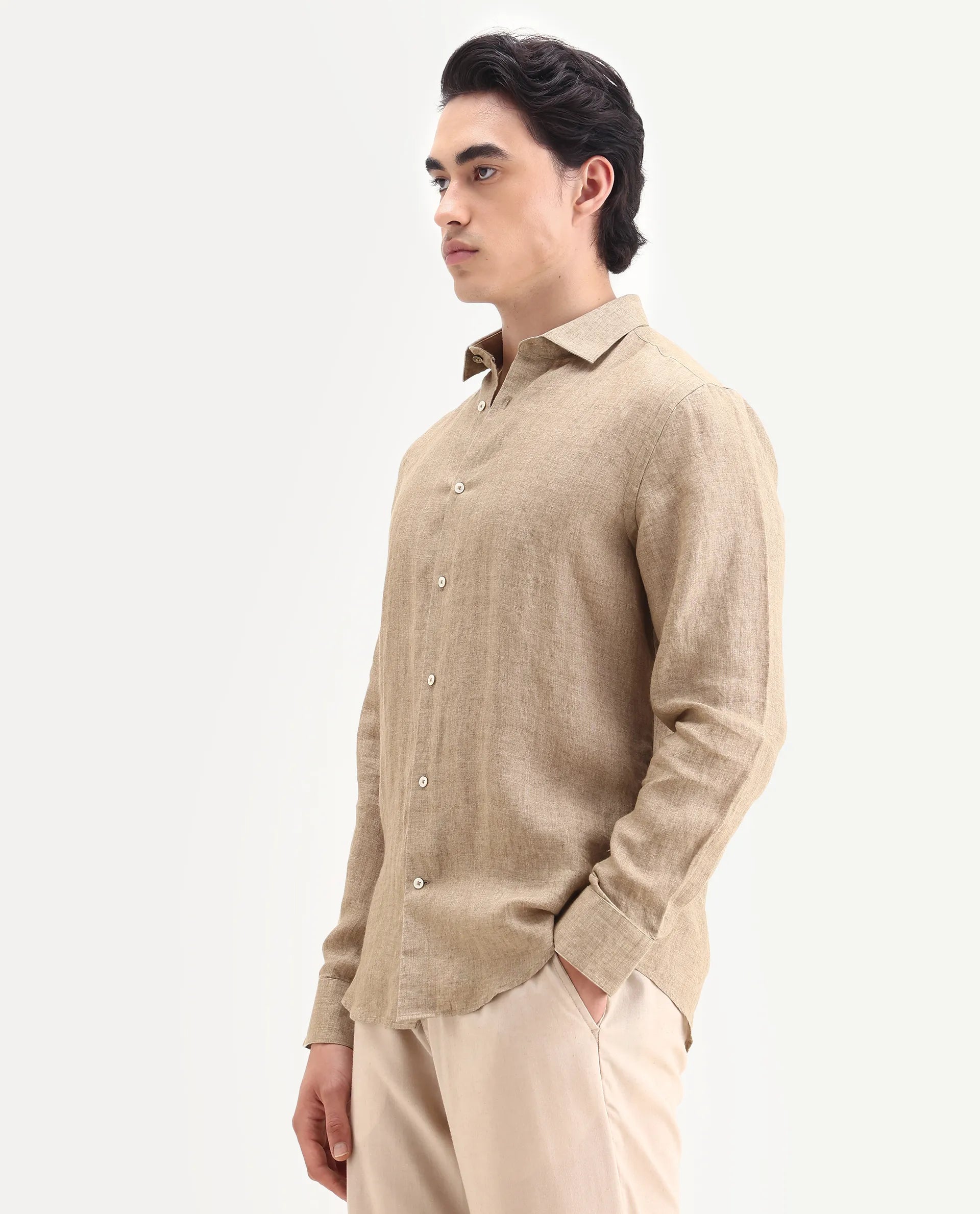Rare Rabbit Men's Borium-25 Pastel Green 100% Linen Fabric Spread Collar Regular Fit Plain Shirt