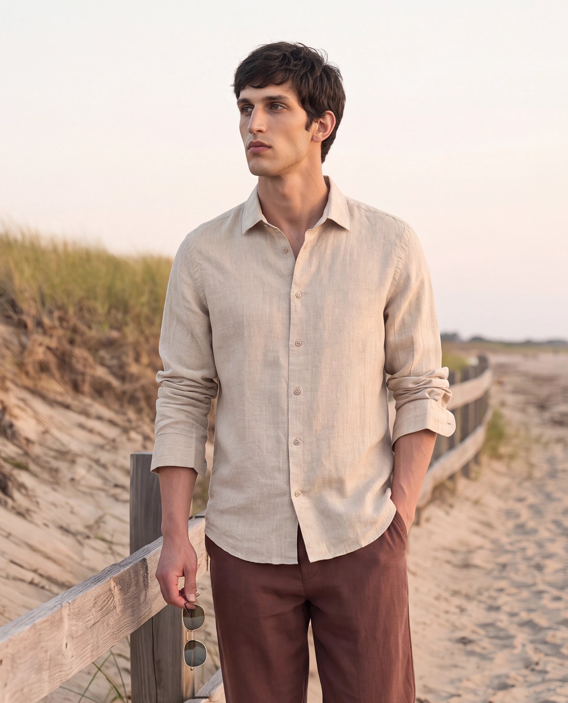 Rare Rabbit Men's Borium-26 Beige 100% Linen Full Sleeve Spread Collar Regular Fit Plain Shirt