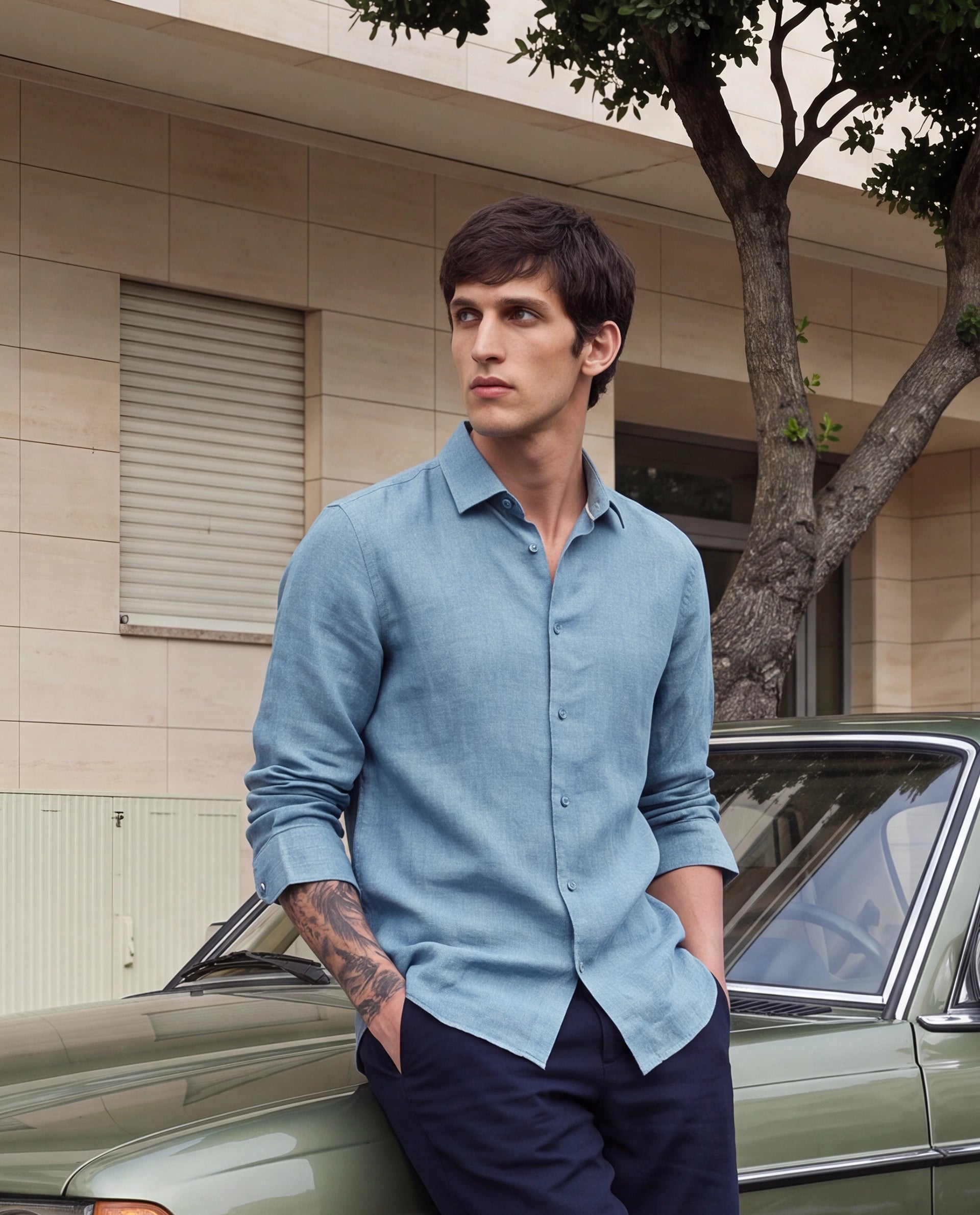 Rare Rabbit Men's Borium-26 Blue 100% Linen Full Sleeve Spread Collar Regular Fit Plain Shirt