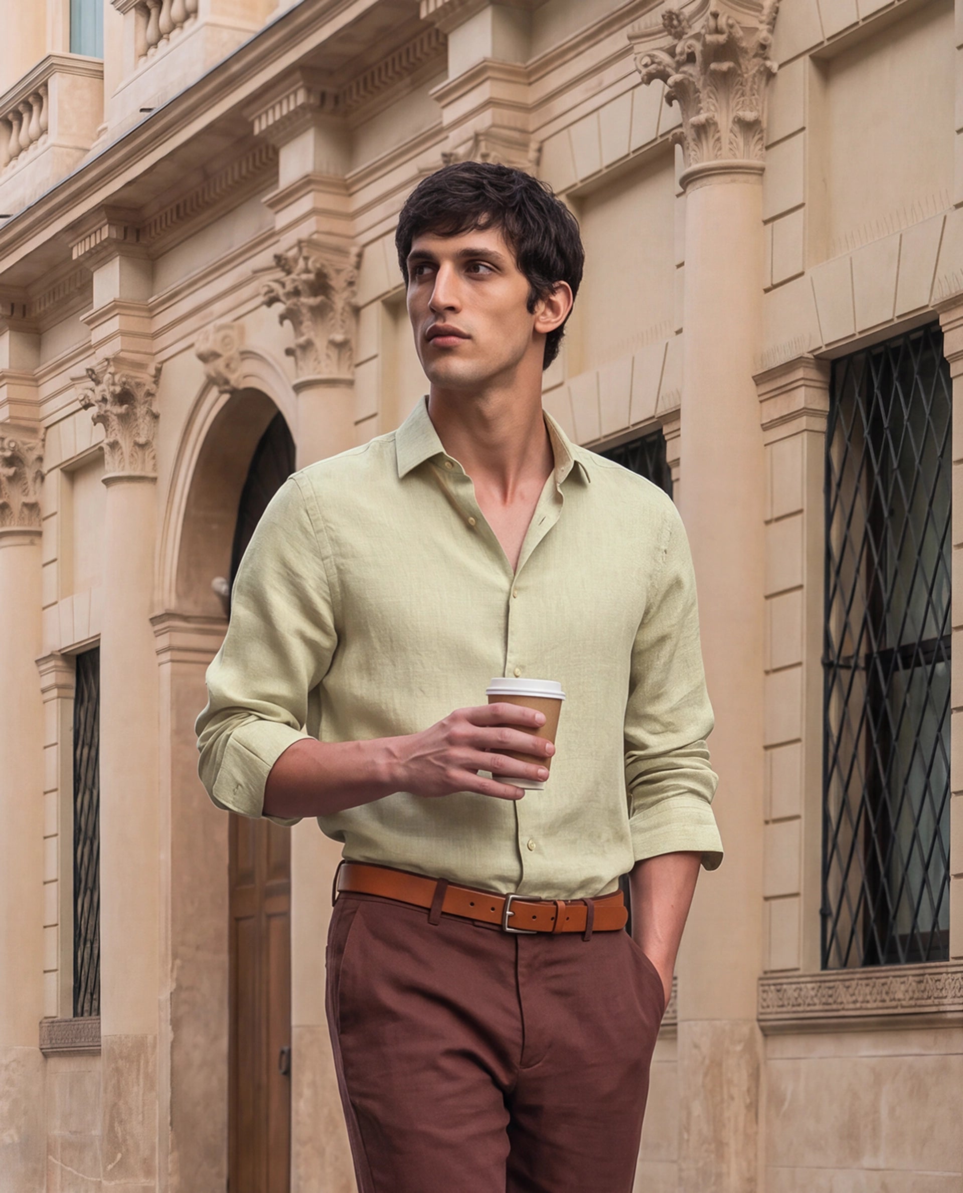 Rare Rabbit Men's Borium-26 Light Green 100% Linen Full Sleeve Spread Collar Regular Fit Plain Shirt