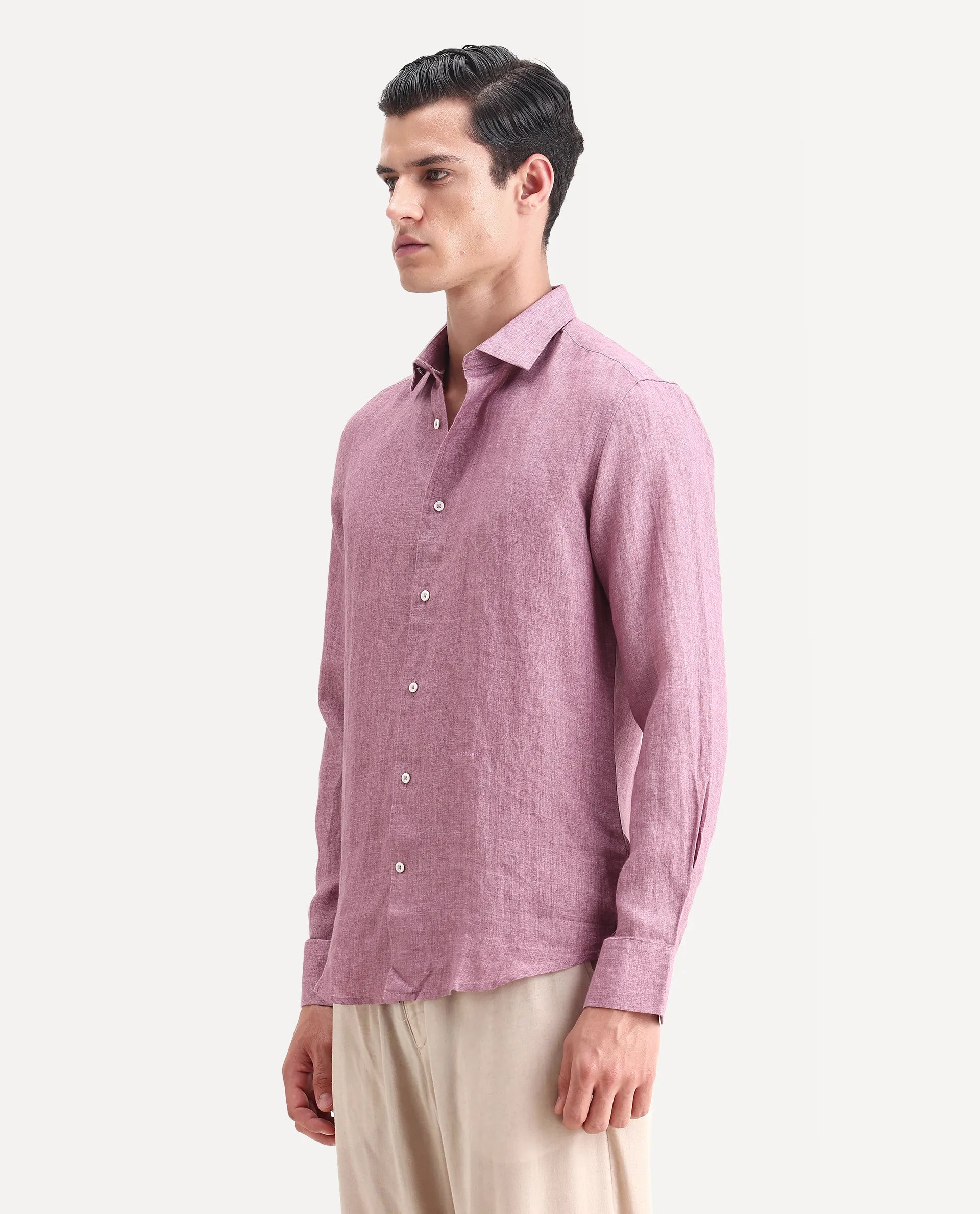 Rare Rabbit Men's Borium-2 Dusky Pink 100% Linen Plain Regular Fit Full Sleeve Collared Shirt