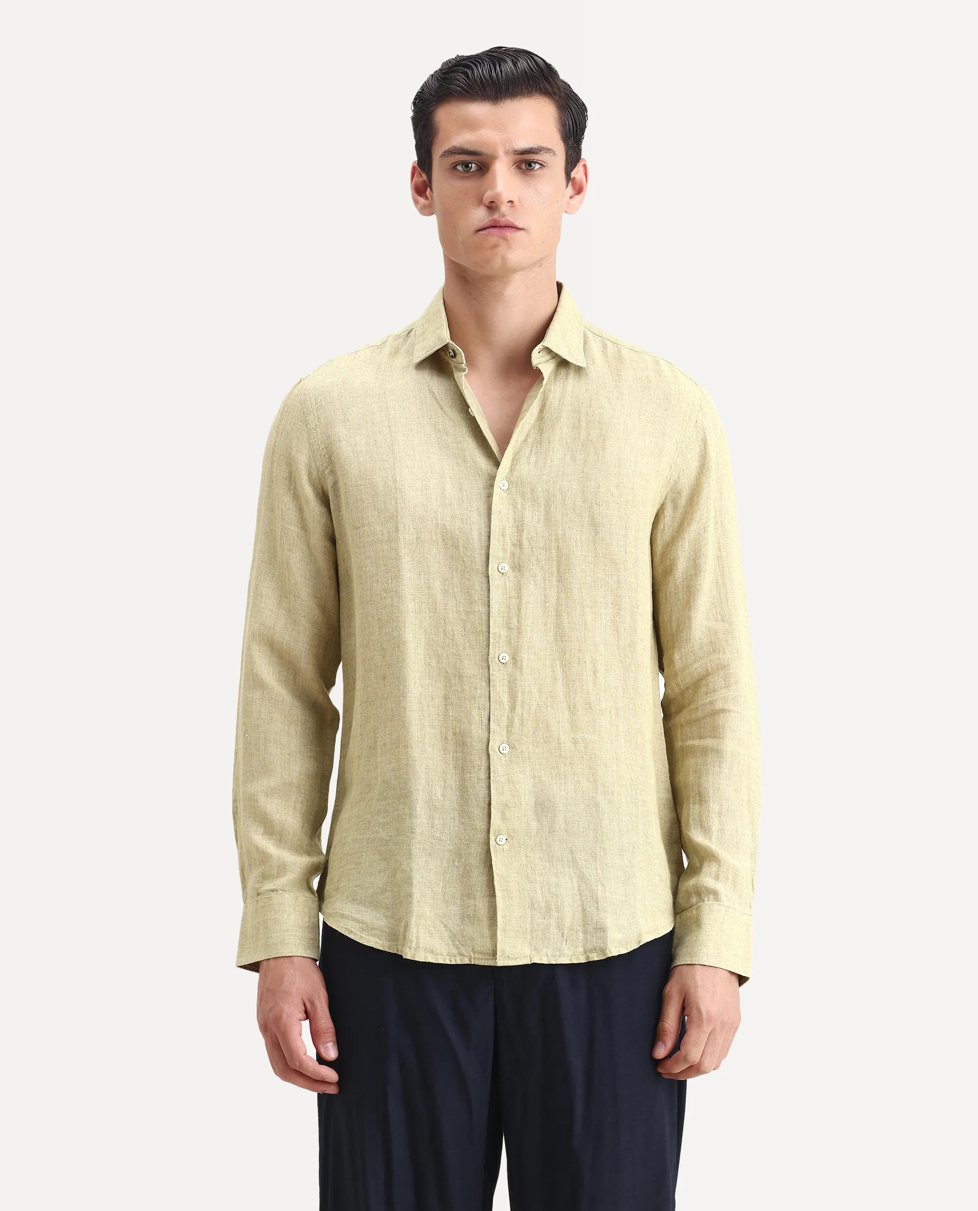 Rare Rabbit Men's Borium-2 Pastel Green 100% Linen Plain Regular Fit Full Sleeve Collared Shirt