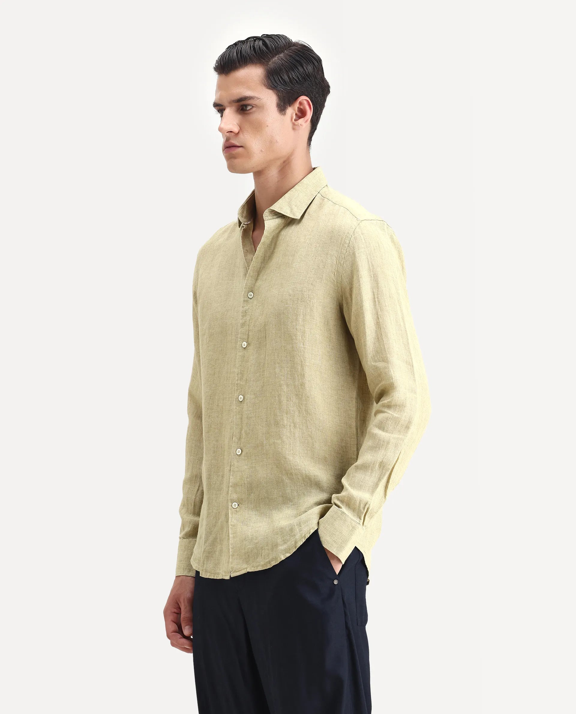 Rare Rabbit Men's Borium-2 Pastel Green 100% Linen Plain Regular Fit Full Sleeve Collared Shirt