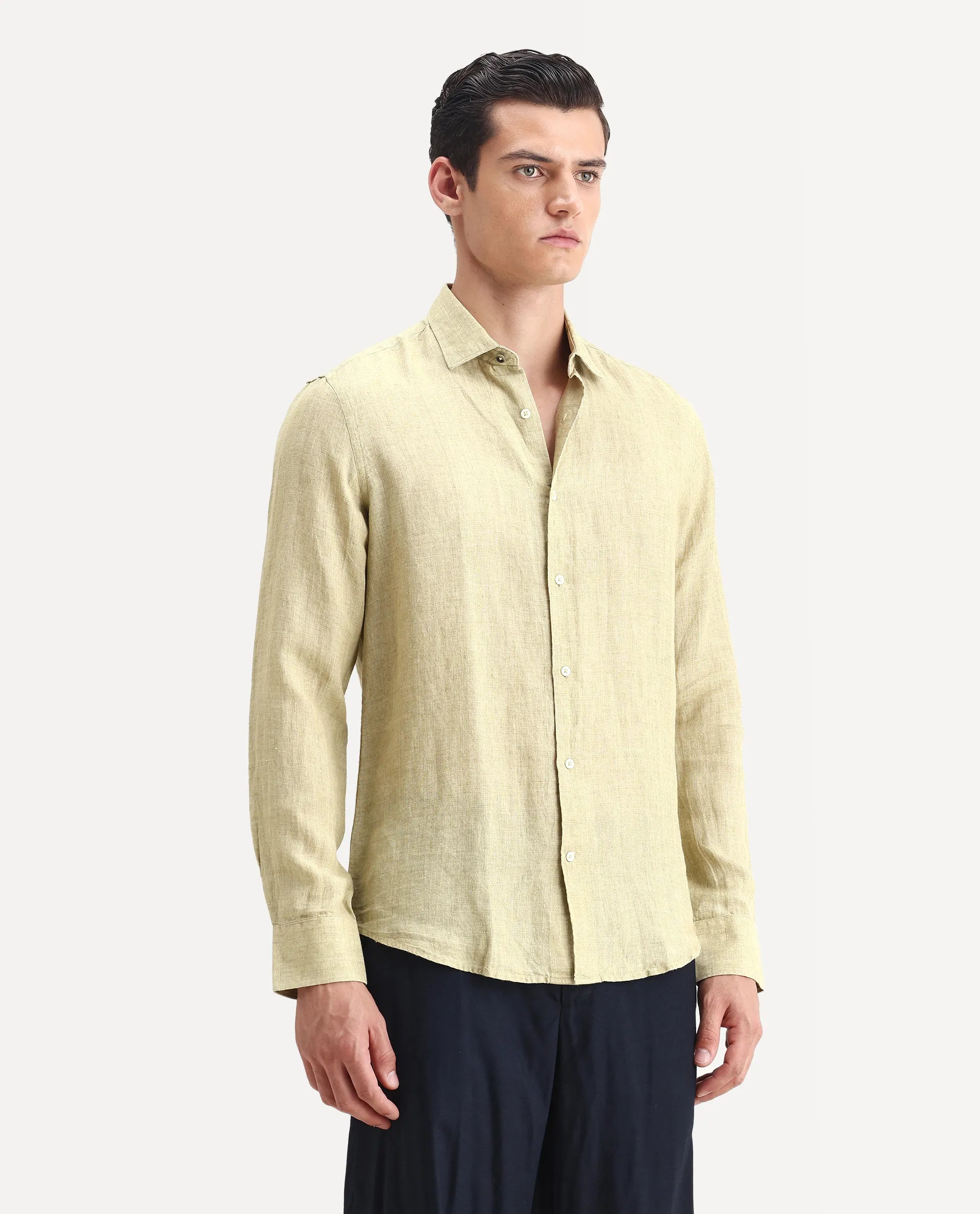 Rare Rabbit Men's Borium-2 Pastel Green 100% Linen Plain Regular Fit Full Sleeve Collared Shirt