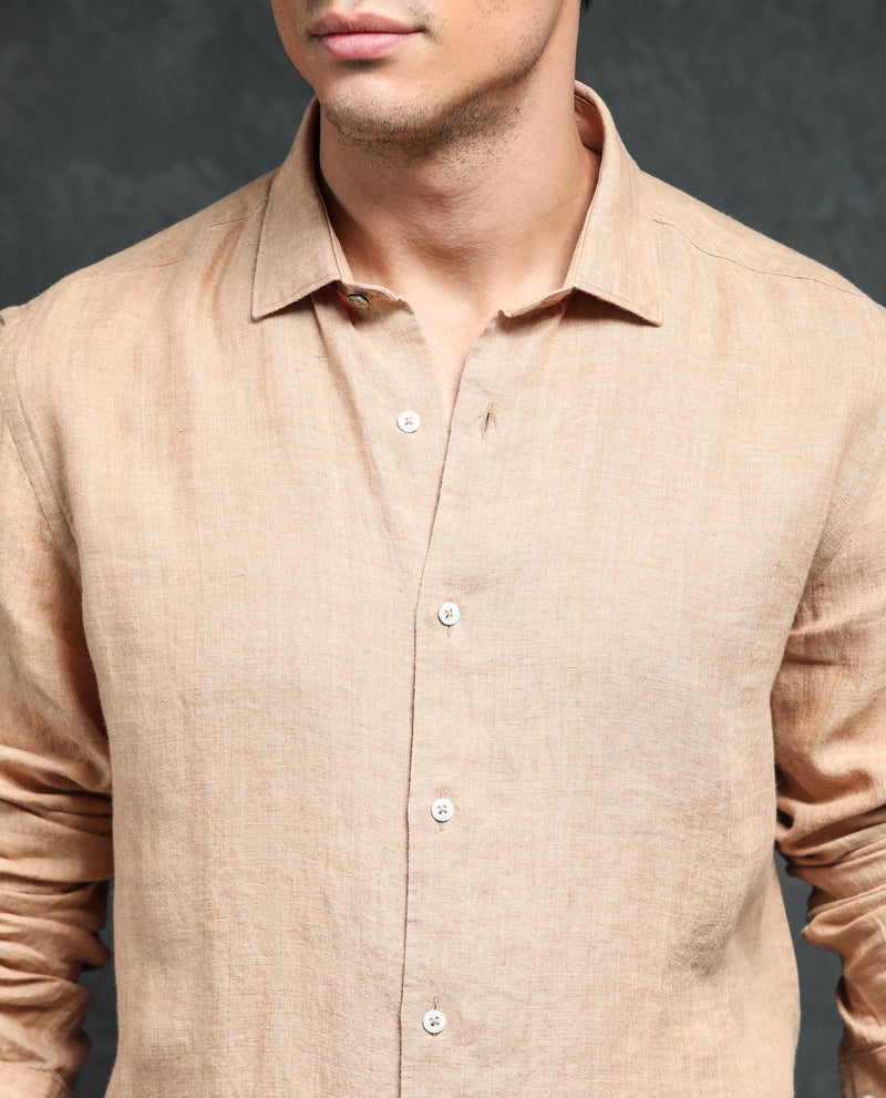 Rare Rabbit Men's Borium Beige Linen Fabric Full Sleeves Solid Shirt