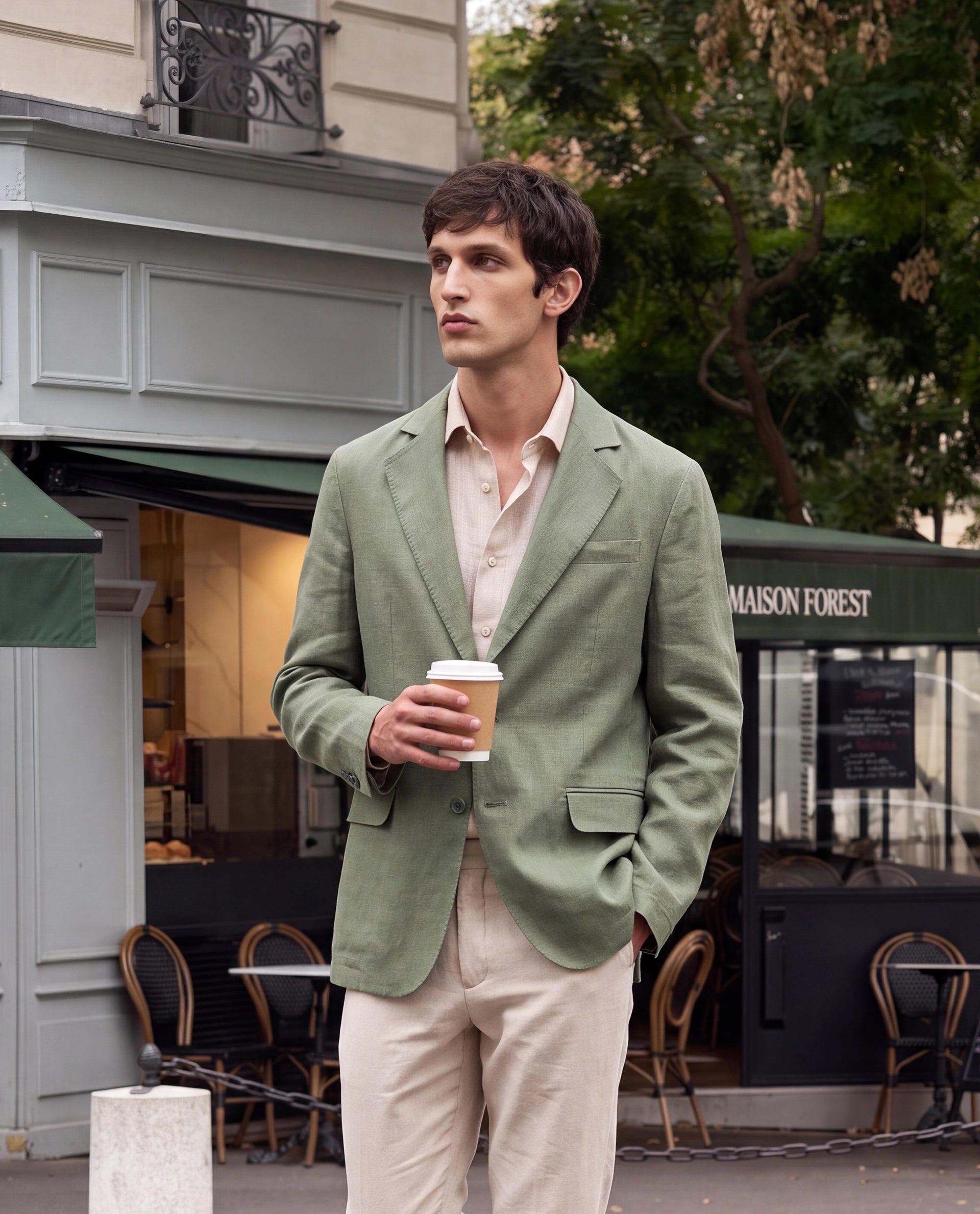 Rare Rabbit Men's Borium-Bl Dusky Green 100% Linen Fabric Full Sleeve Lapel Collar Regular Plain Blazer