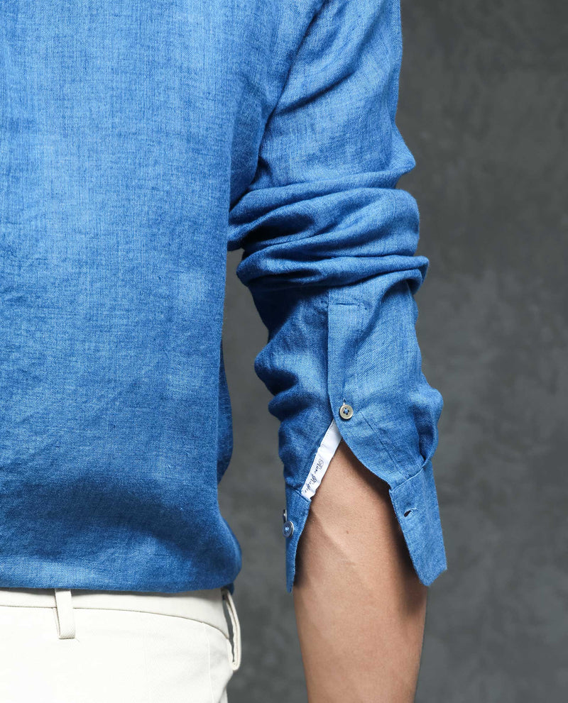 Rare Rabbit Men's Borium Blue Linen Fabric Full Sleeves Solid Shirt