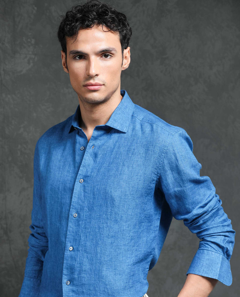 Rare Rabbit Men's Borium Blue Linen Fabric Full Sleeves Solid Shirt