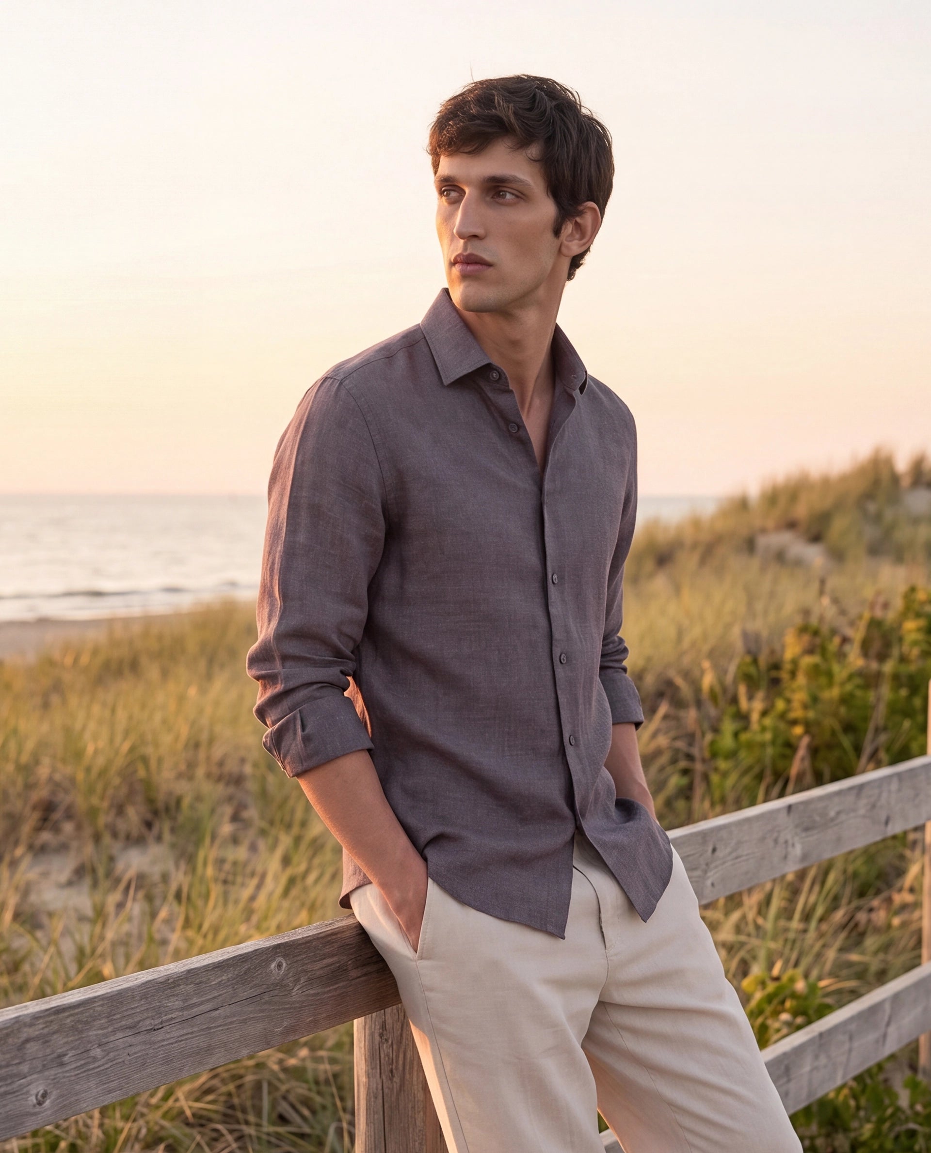 Rare Rabbit Men's Borium-D-26 Dark Grey 100% Linen Full Sleeve Spread Collar Regular Fit Plain Shirt
