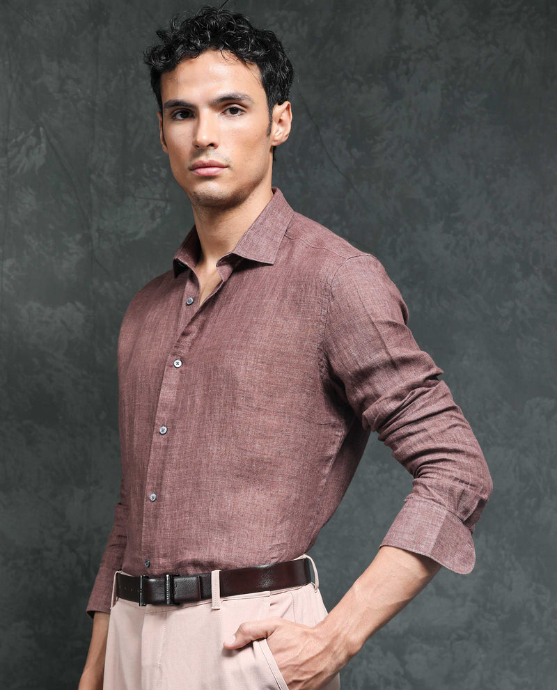 Rare Rabbit Men's Borium Dark Brown Linen Fabric Full Sleeves Solid Shirt