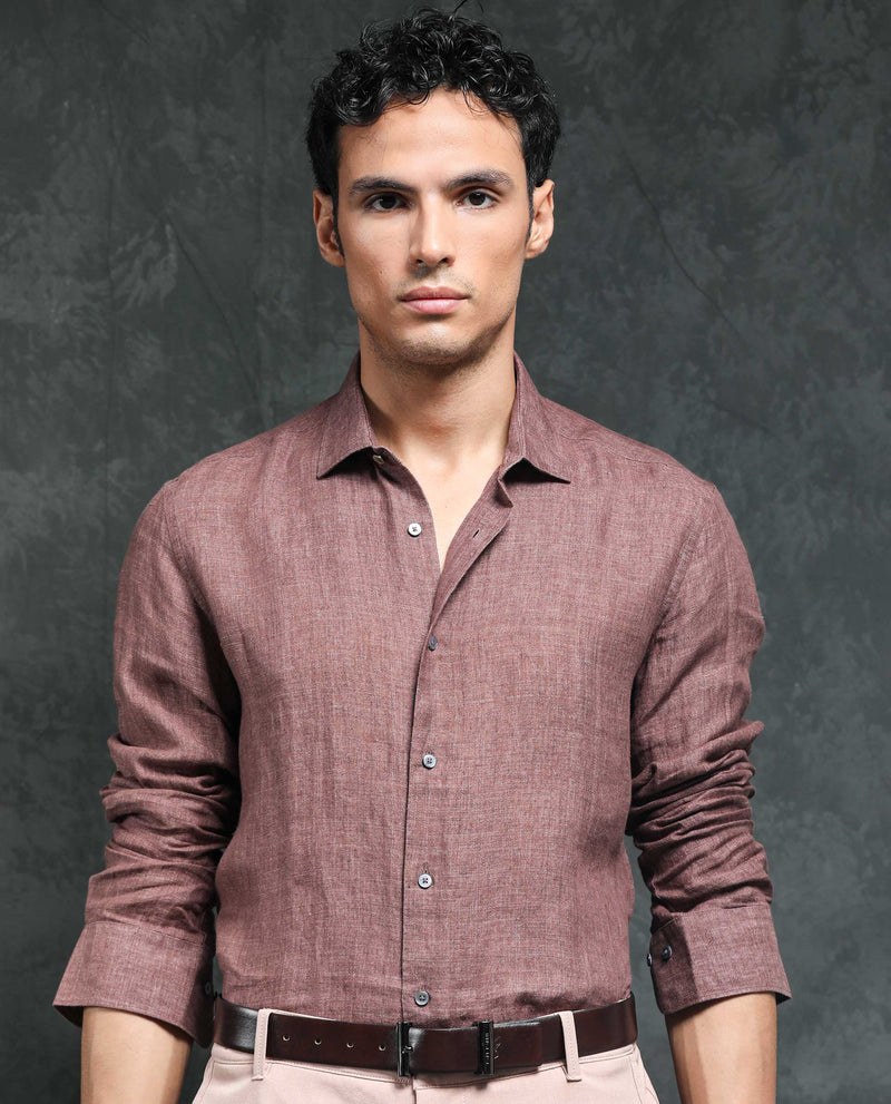 Rare Rabbit Men's Borium Dark Brown Linen Fabric Full Sleeves Solid Shirt