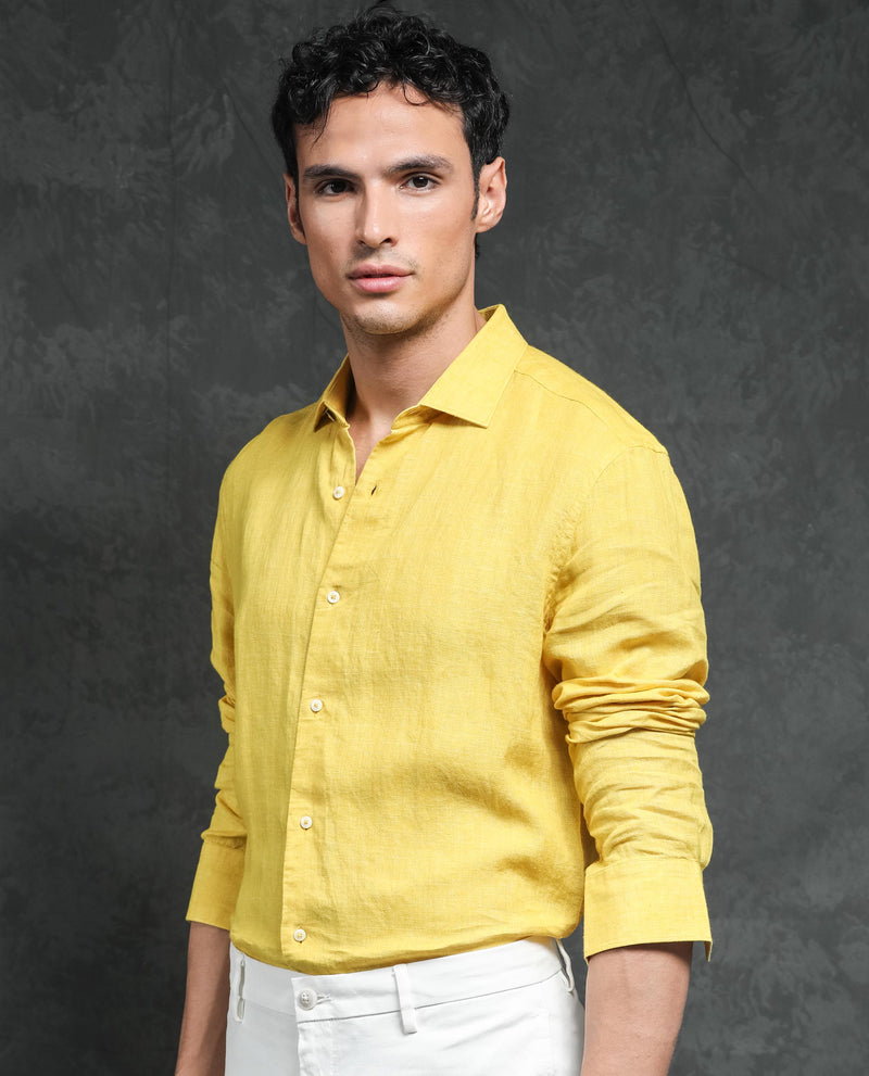 Rare Rabbit Men's Borium Yellow Linen Fabric Full Sleeves Solid Shirt