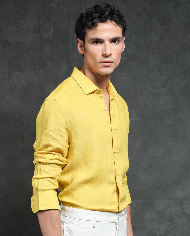 Rare Rabbit Men's Borium Yellow Linen Fabric Full Sleeves Solid Shirt