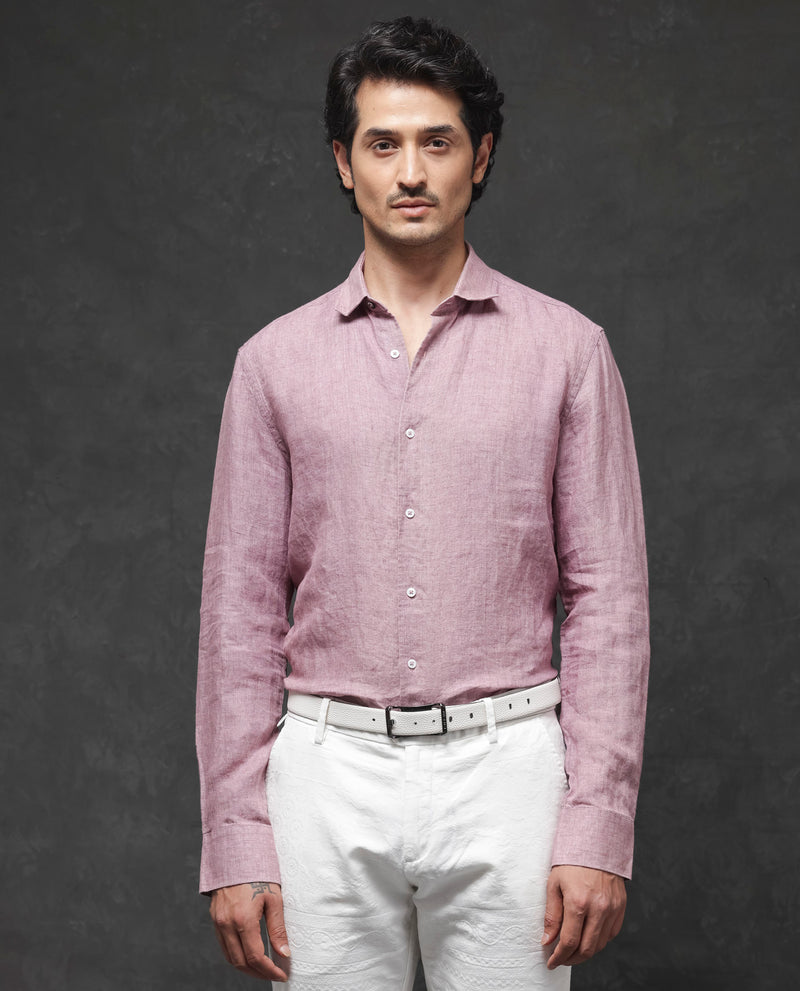 Rare Rabbit Mens Borium-2 Dusky Pink Full Sleeve Melange Linen Fabric Solid Shirt
