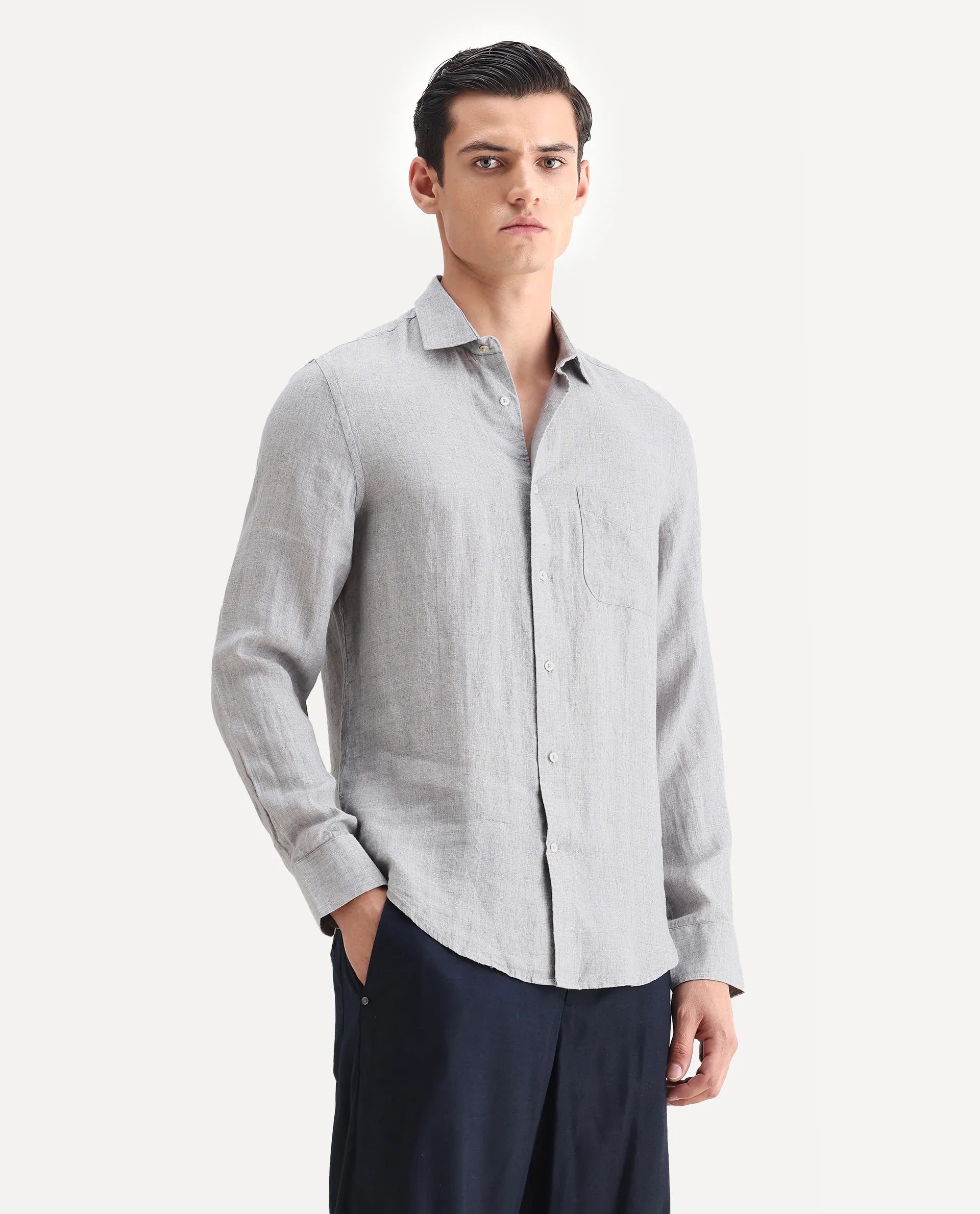 Rare Rabbit Men's Borium Ls-25 Beige 100% Linen Plain Regular Fit Full Sleeve Collared Shirt