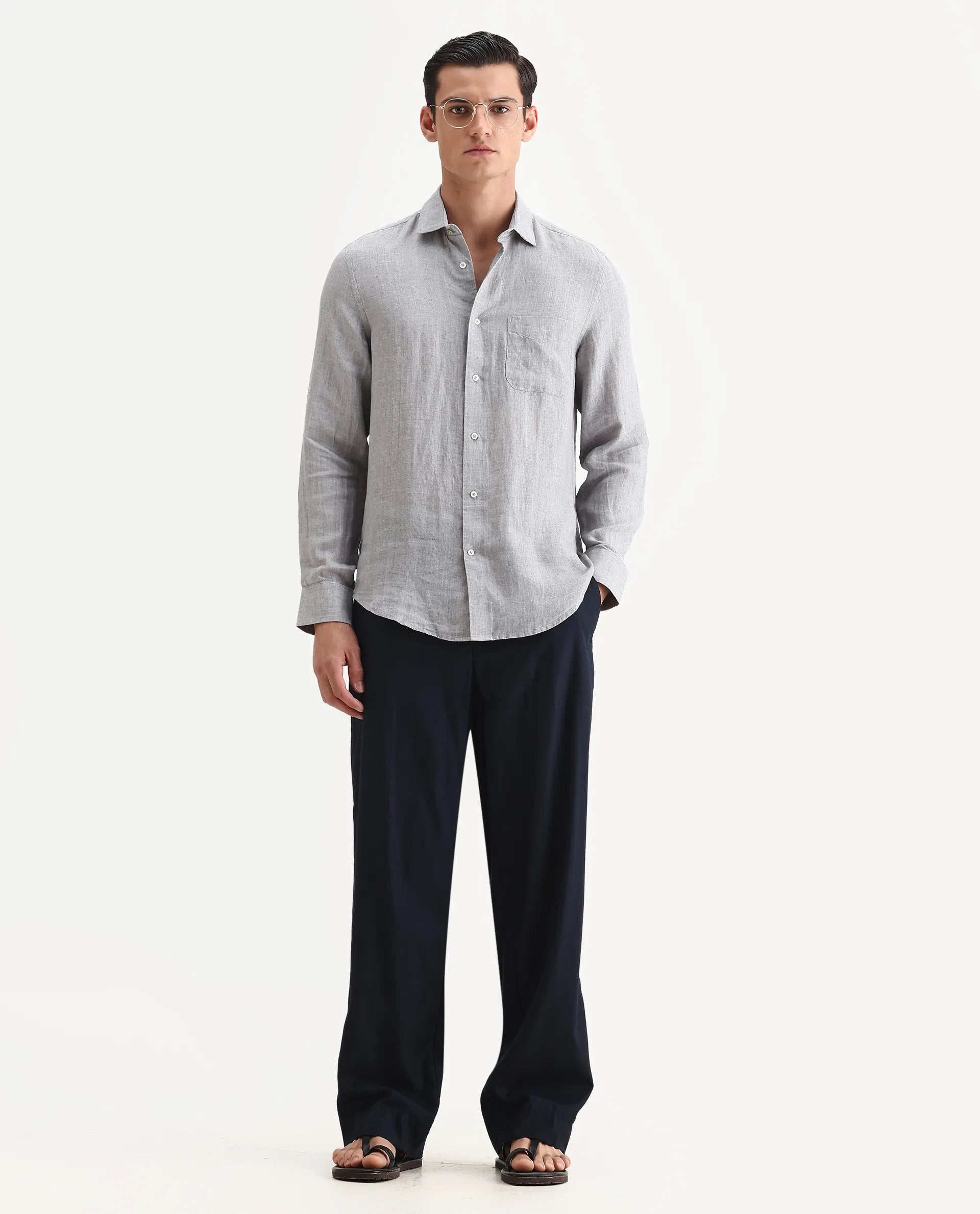 Rare Rabbit Men's Borium Ls-25 Beige 100% Linen Plain Regular Fit Full Sleeve Collared Shirt