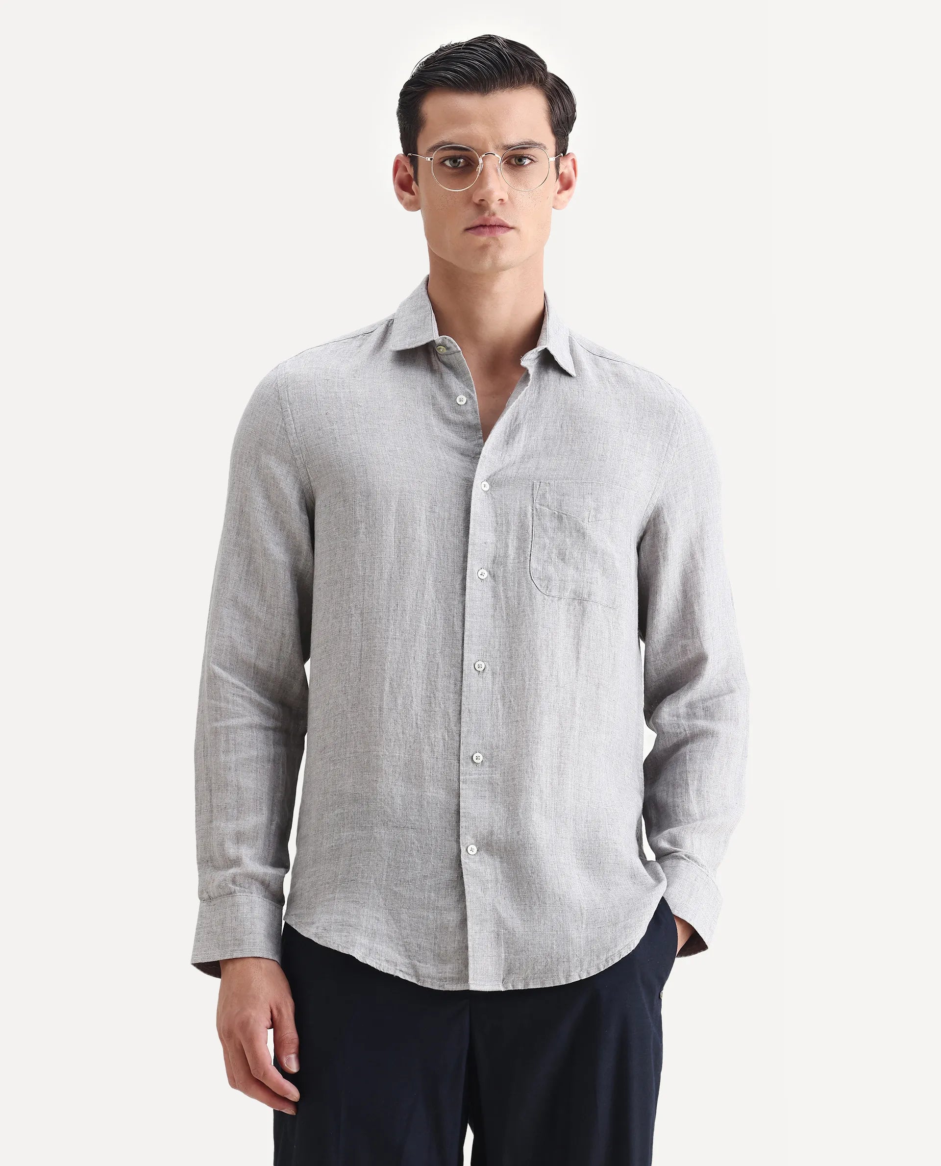 Rare Rabbit Men's Borium Ls-25 Beige 100% Linen Plain Regular Fit Full Sleeve Collared Shirt