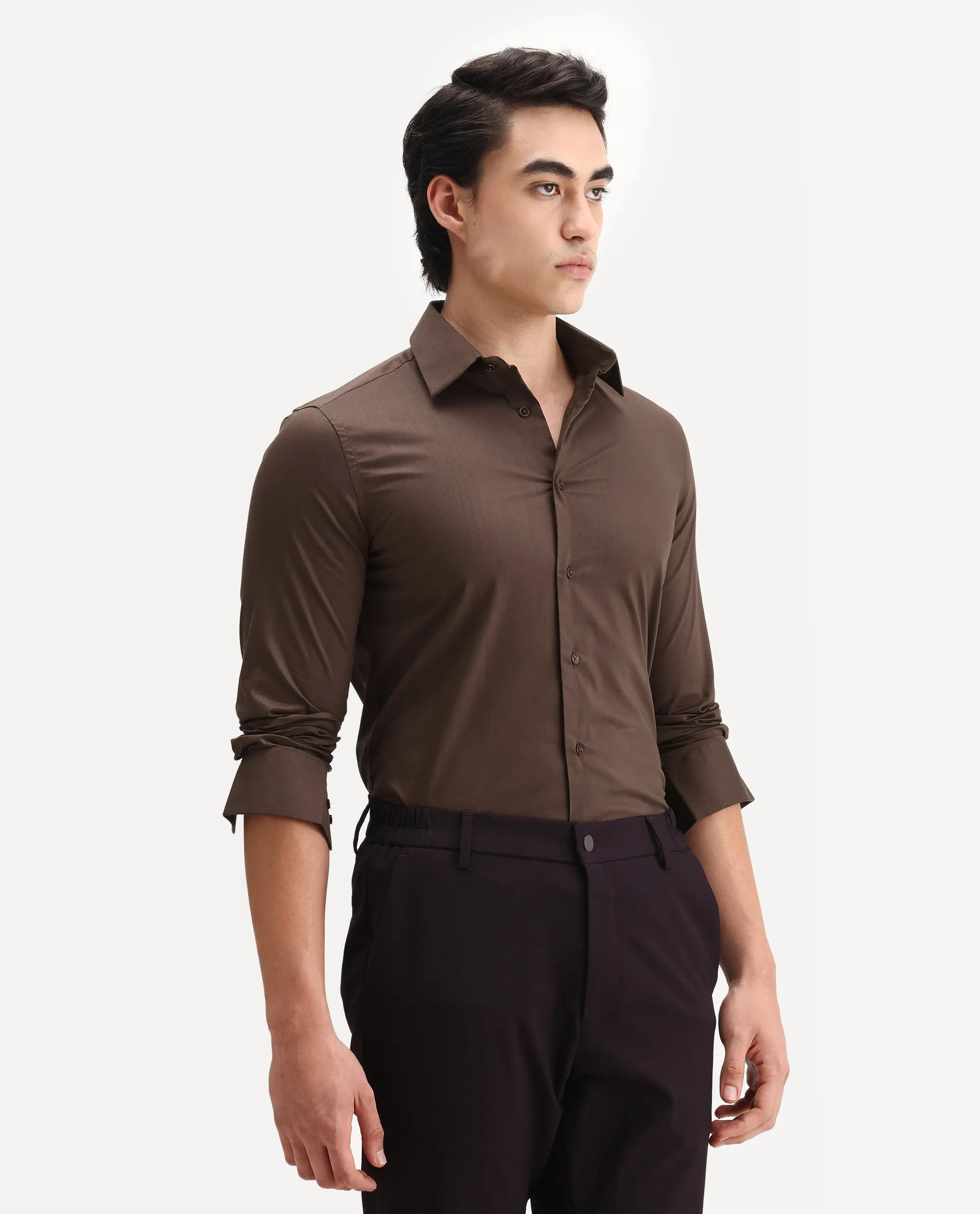 Rare Rabbit Men's Borium Ls-25 Brown 100% Linen Plain Regular Fit Full Sleeve Collared Shirt