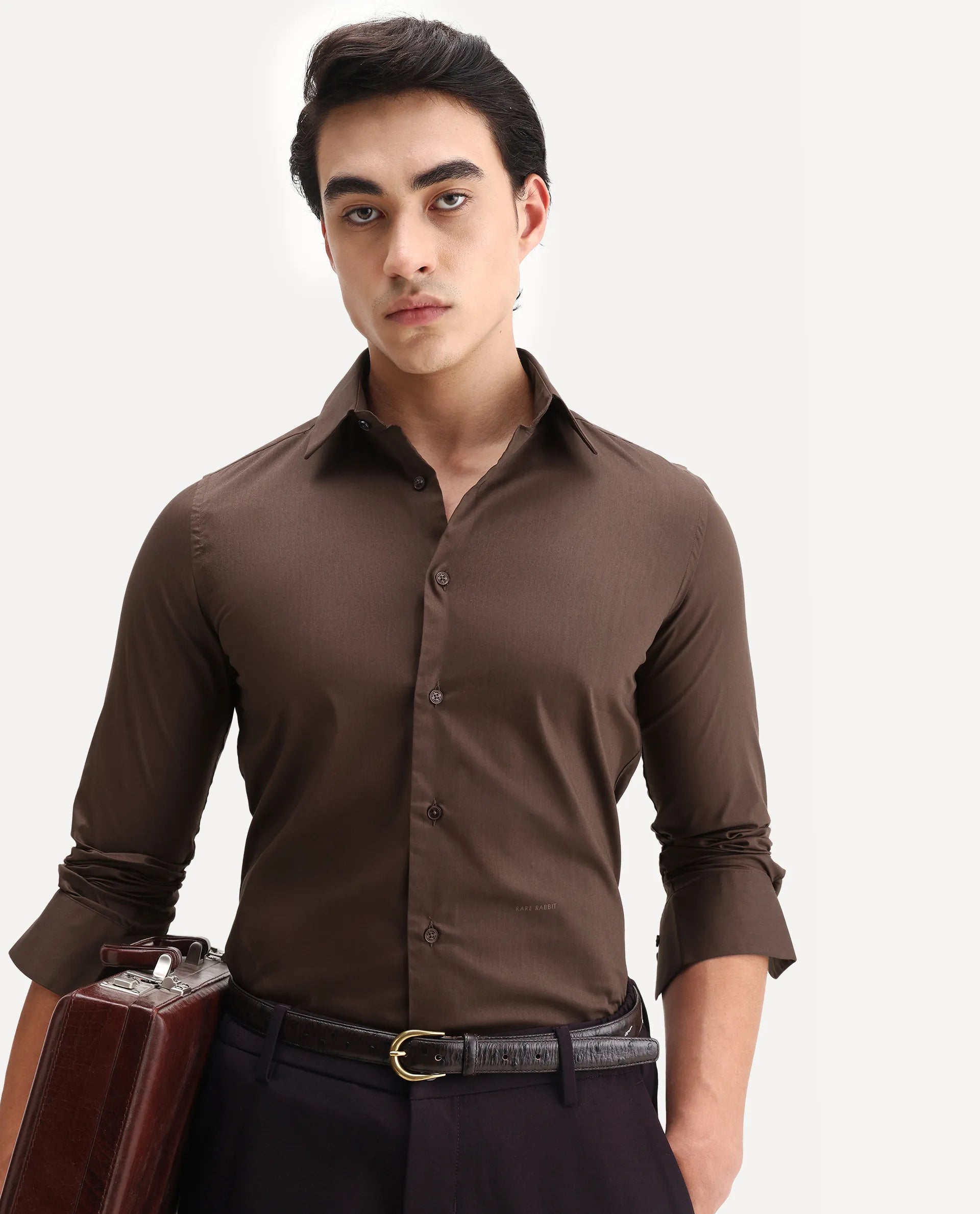 Rare Rabbit Men's Borium Ls-25 Brown 100% Linen Plain Regular Fit Full Sleeve Collared Shirt