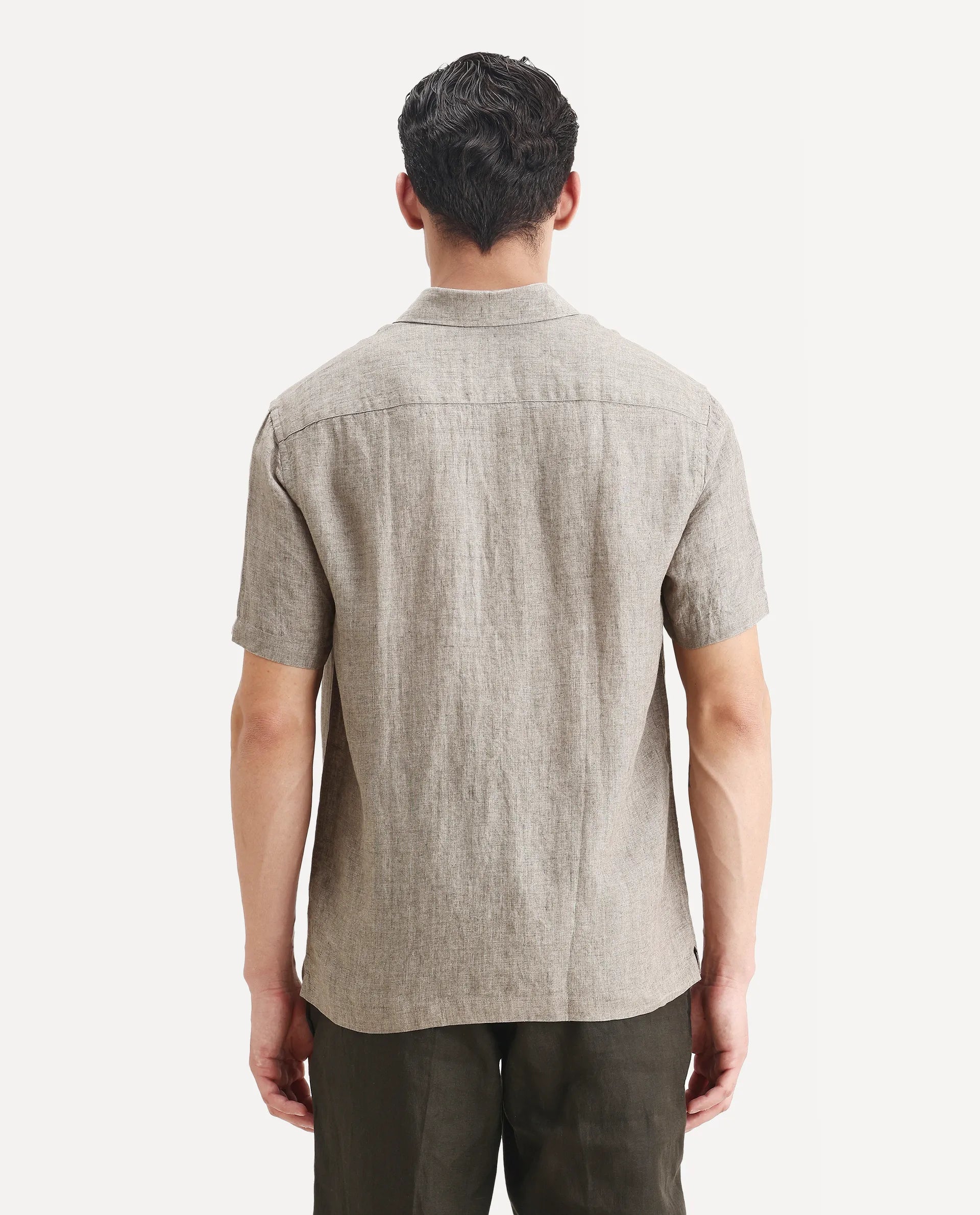 Rare Rabbit Men's Borium Ss-25 Dark Beige Linen Plain Regular Fit Half Sleeve Collared Shirt