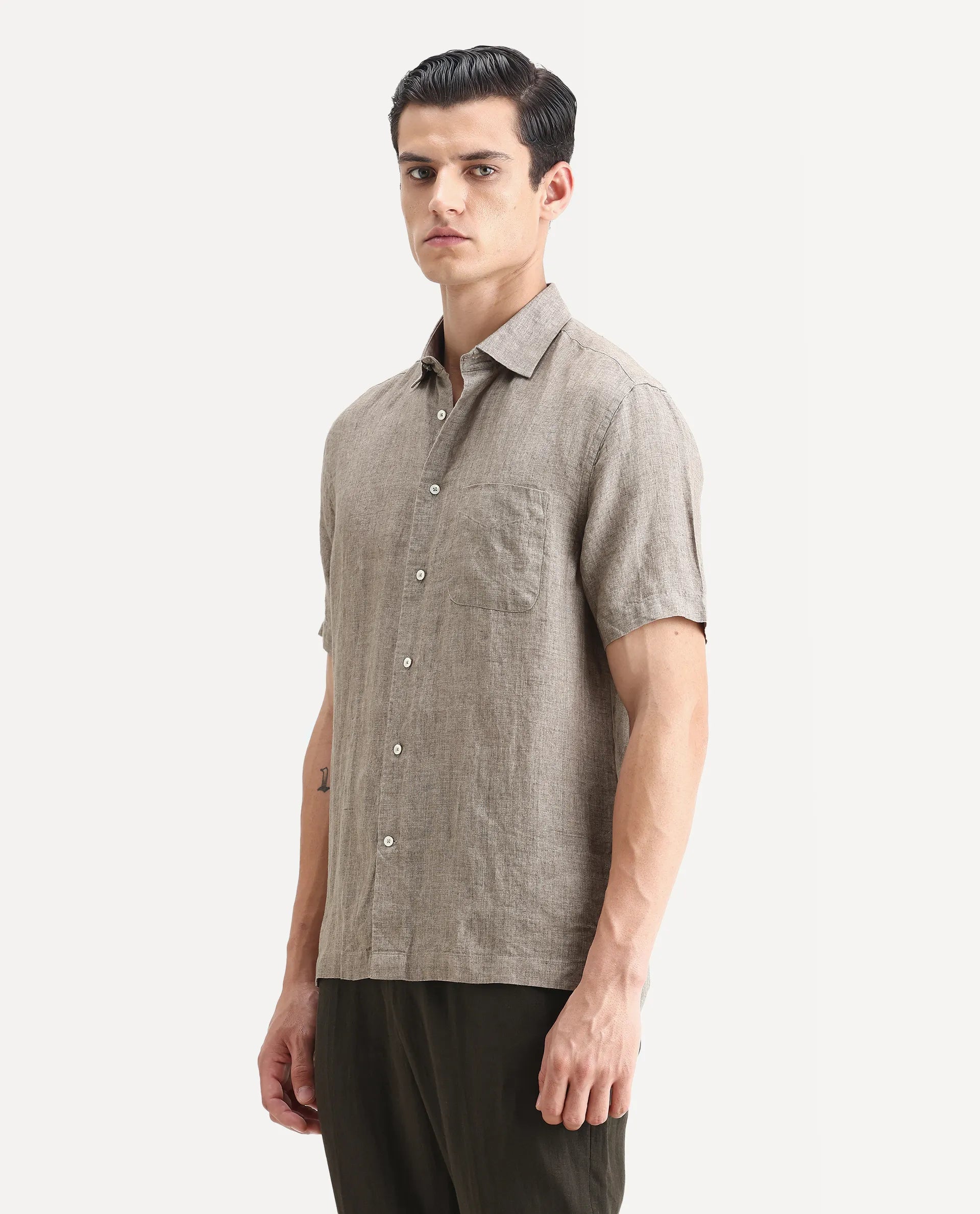 Rare Rabbit Men's Borium Ss-25 Dark Beige Linen Plain Regular Fit Half Sleeve Collared Shirt