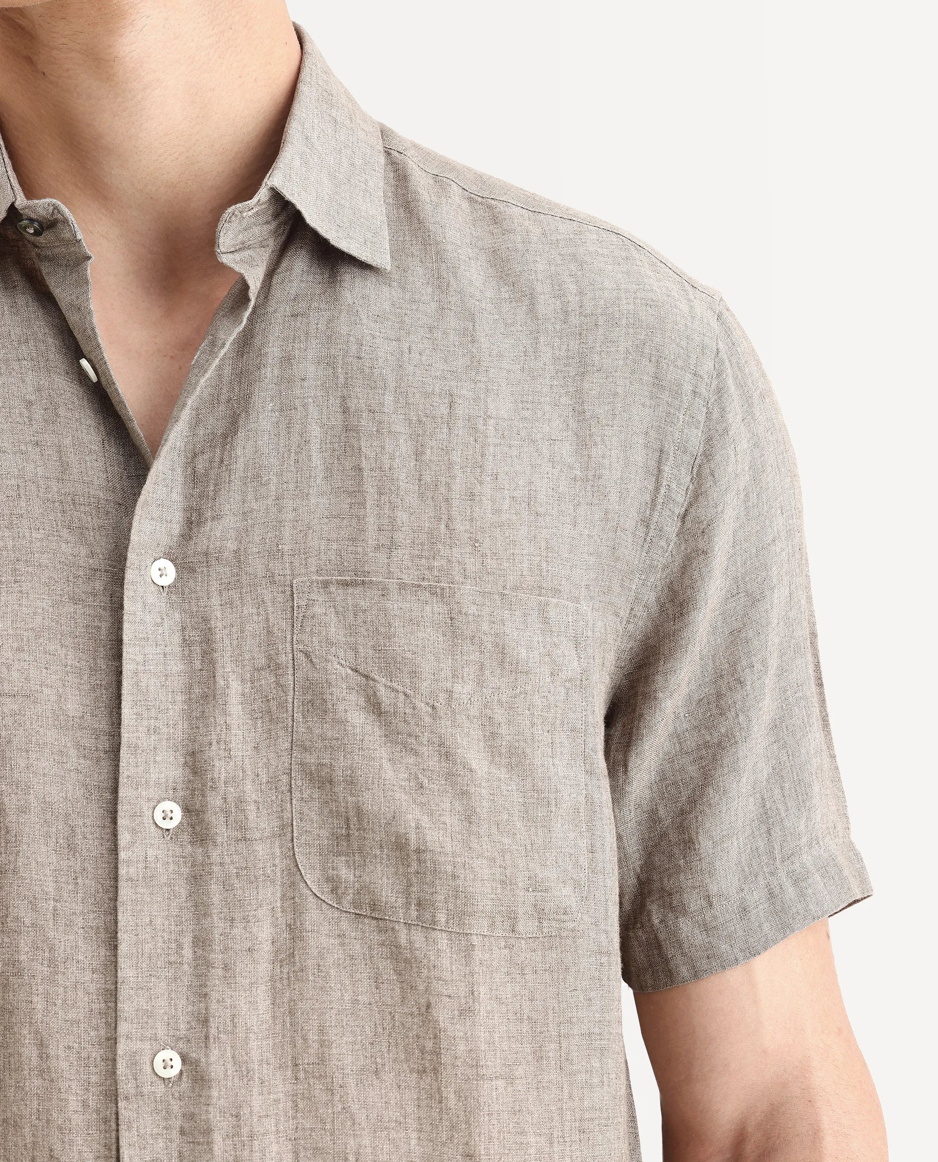 Rare Rabbit Men's Borium Ss-25 Dark Beige Linen Plain Regular Fit Half Sleeve Collared Shirt