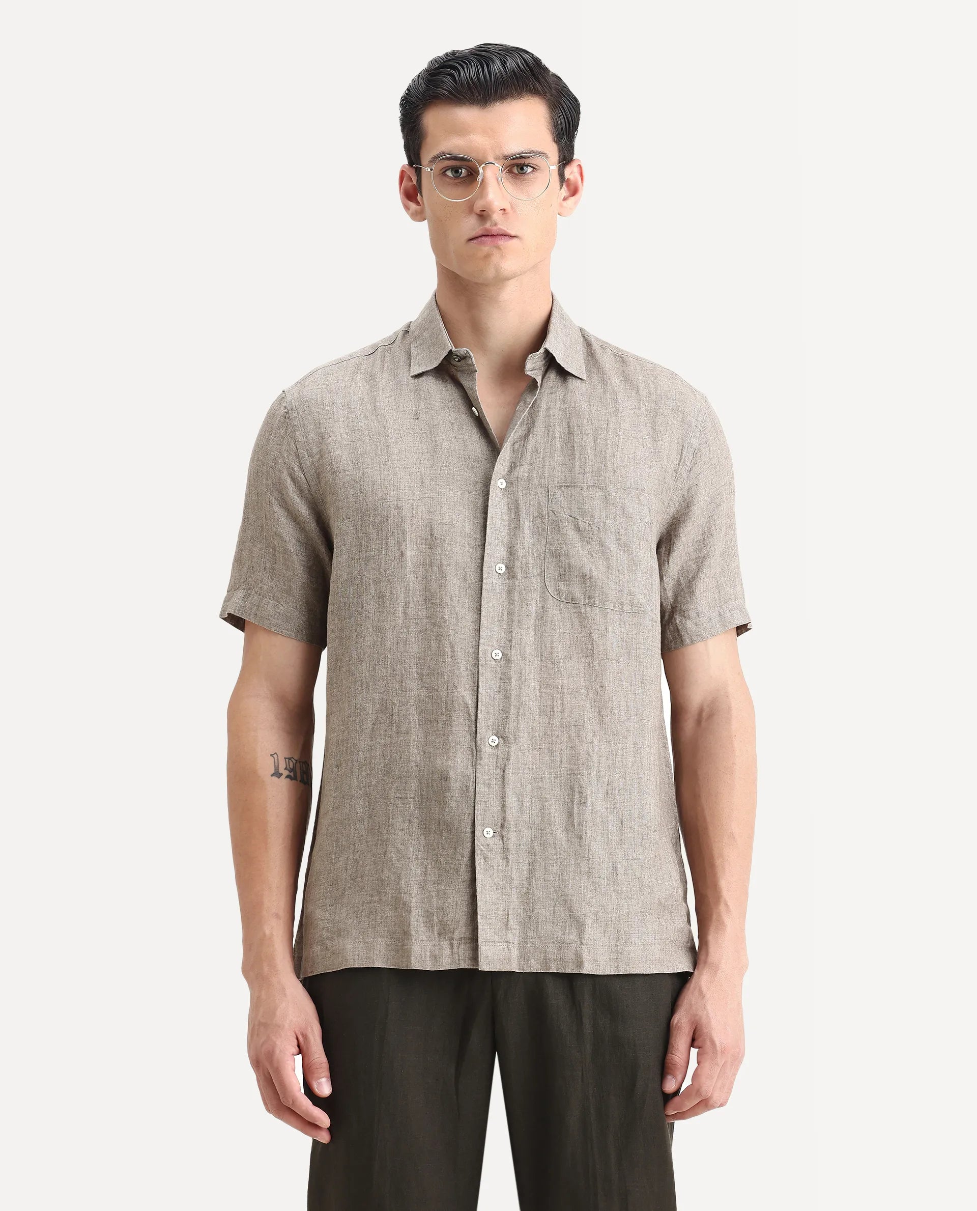 Rare Rabbit Men's Borium Ss-25 Dark Beige Linen Plain Regular Fit Half Sleeve Collared Shirt