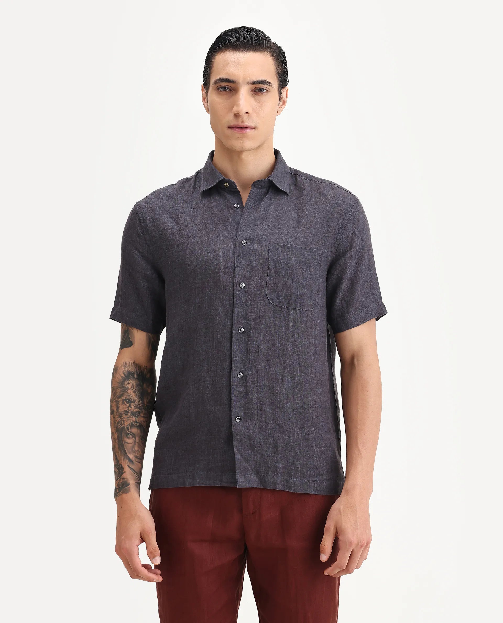 Rare Rabbit Men's Borium Ss-25 Dark Purple Linen Plain Regular Fit Full Sleeve Collared Shirt