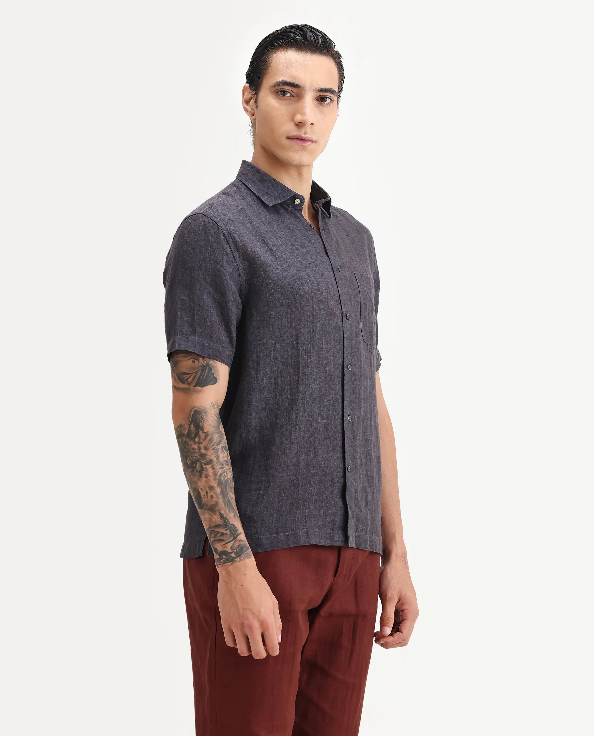 Rare Rabbit Men's Borium Ss-25 Dark Purple Linen Plain Regular Fit Full Sleeve Collared Shirt