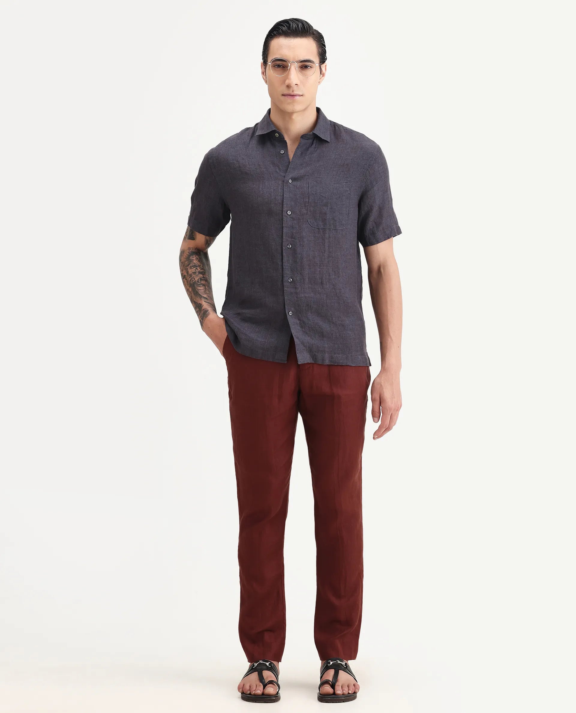 Rare Rabbit Men's Borium Ss-25 Dark Purple Linen Plain Regular Fit Full Sleeve Collared Shirt