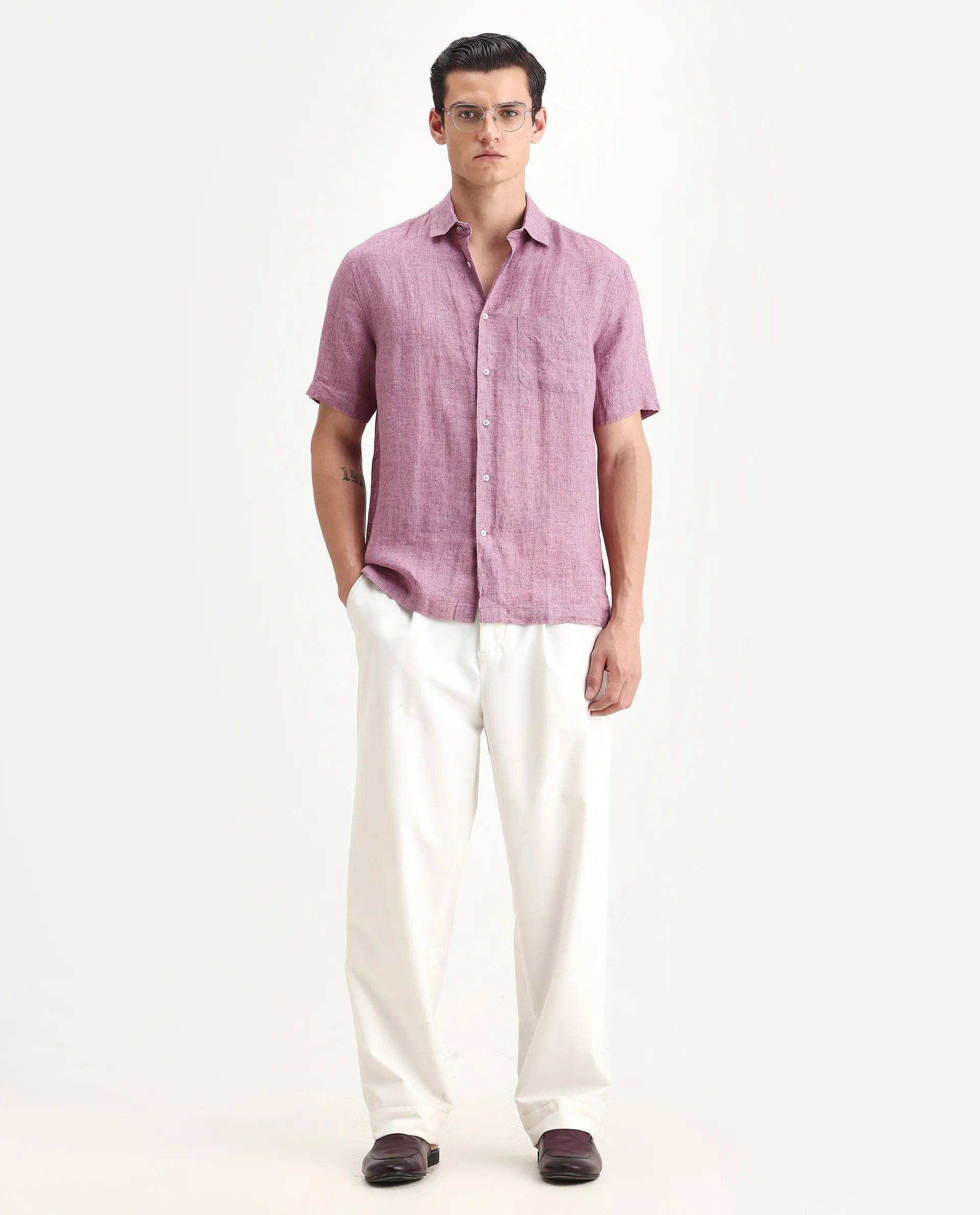 Rare Rabbit Men's Borium Ss-25 Dusky Pink Linen Plain Regular Fit Full Sleeve Collared Shirt