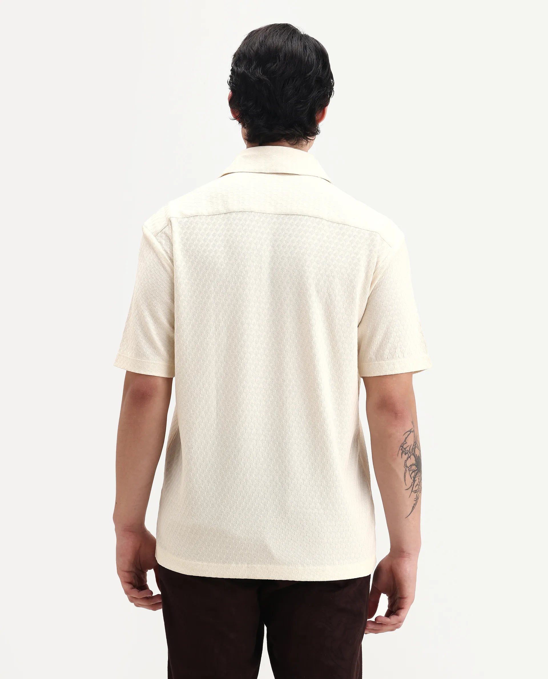 Rare Rabbit Men's Borp Beige Cotton Plain Relaxed Fit Half Sleeve Collared Shirt