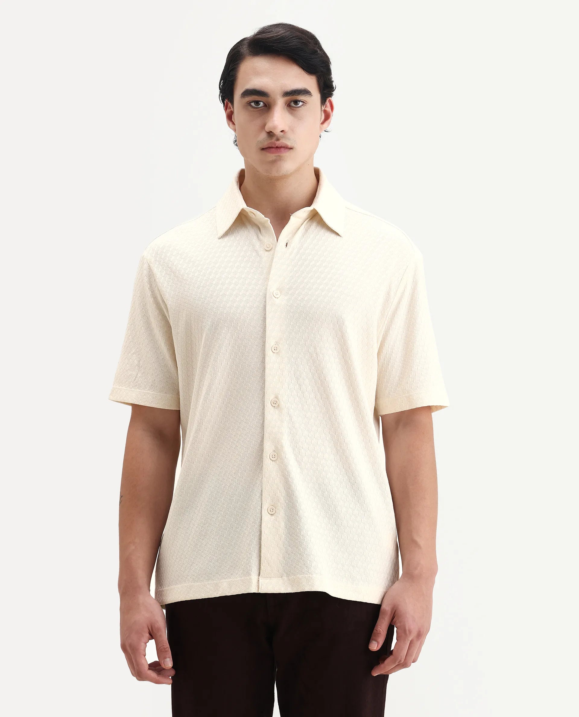 Rare Rabbit Men's Borp Beige Cotton Plain Relaxed Fit Half Sleeve Collared Shirt