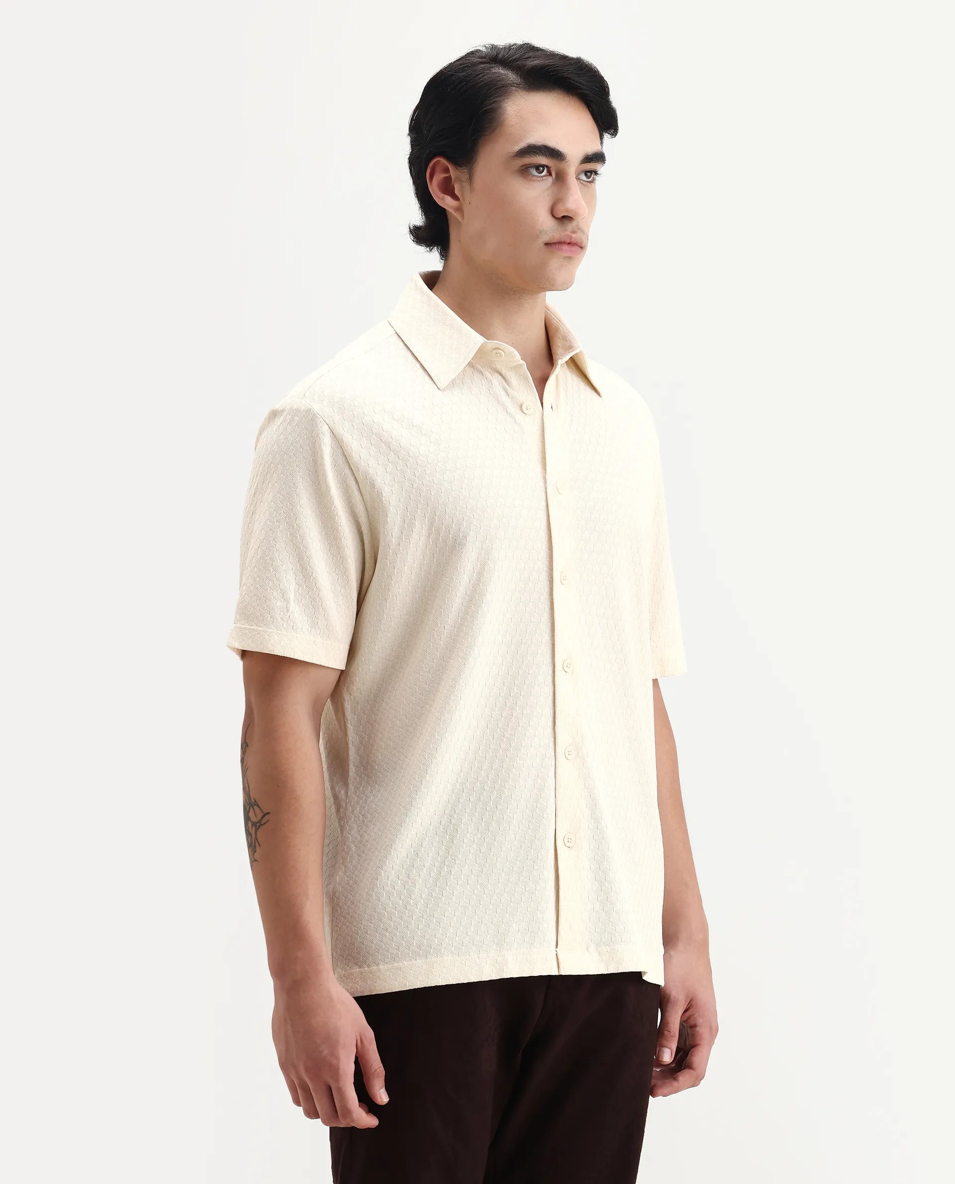 Rare Rabbit Men's Borp Beige Cotton Plain Relaxed Fit Half Sleeve Collared Shirt