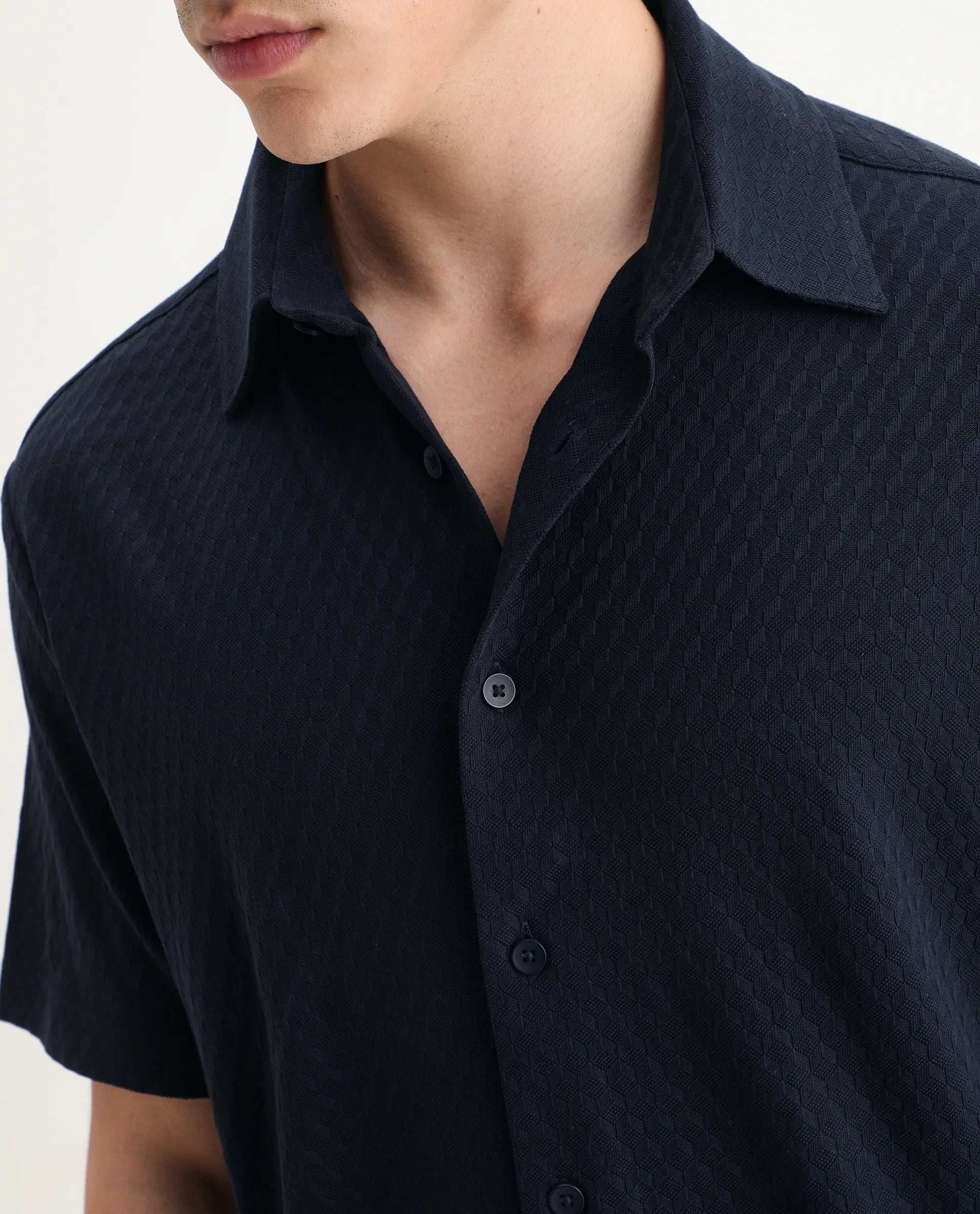 Rare Rabbit Men's Borp Dark Navy Cotton Plain Relaxed Fit Half Sleeve Collared Shirt