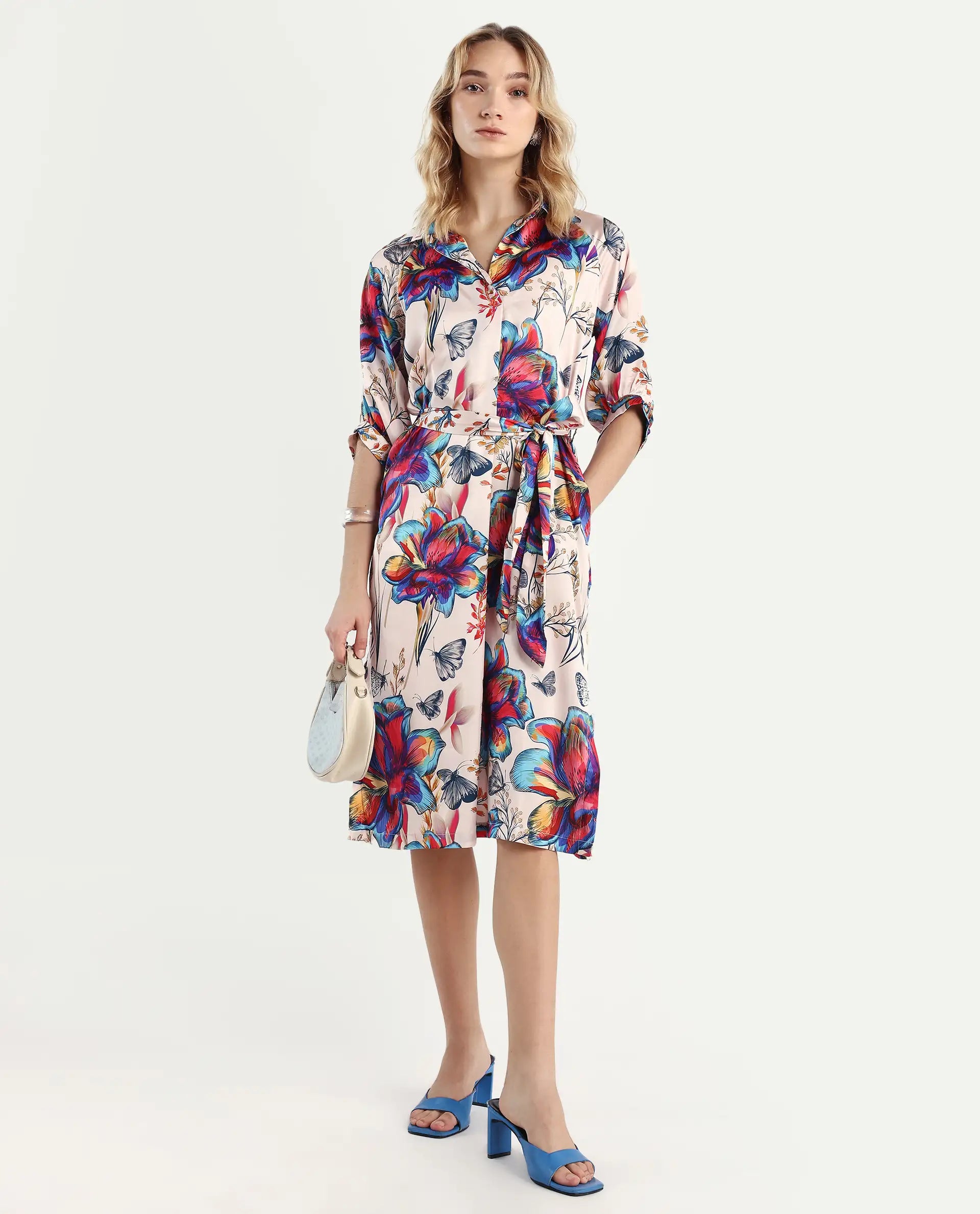 Rareism Women's Borriso Multi Raglan Cotton Blend Drop Collar Floral Print Raglan Sleeve Midi A-Line Dress