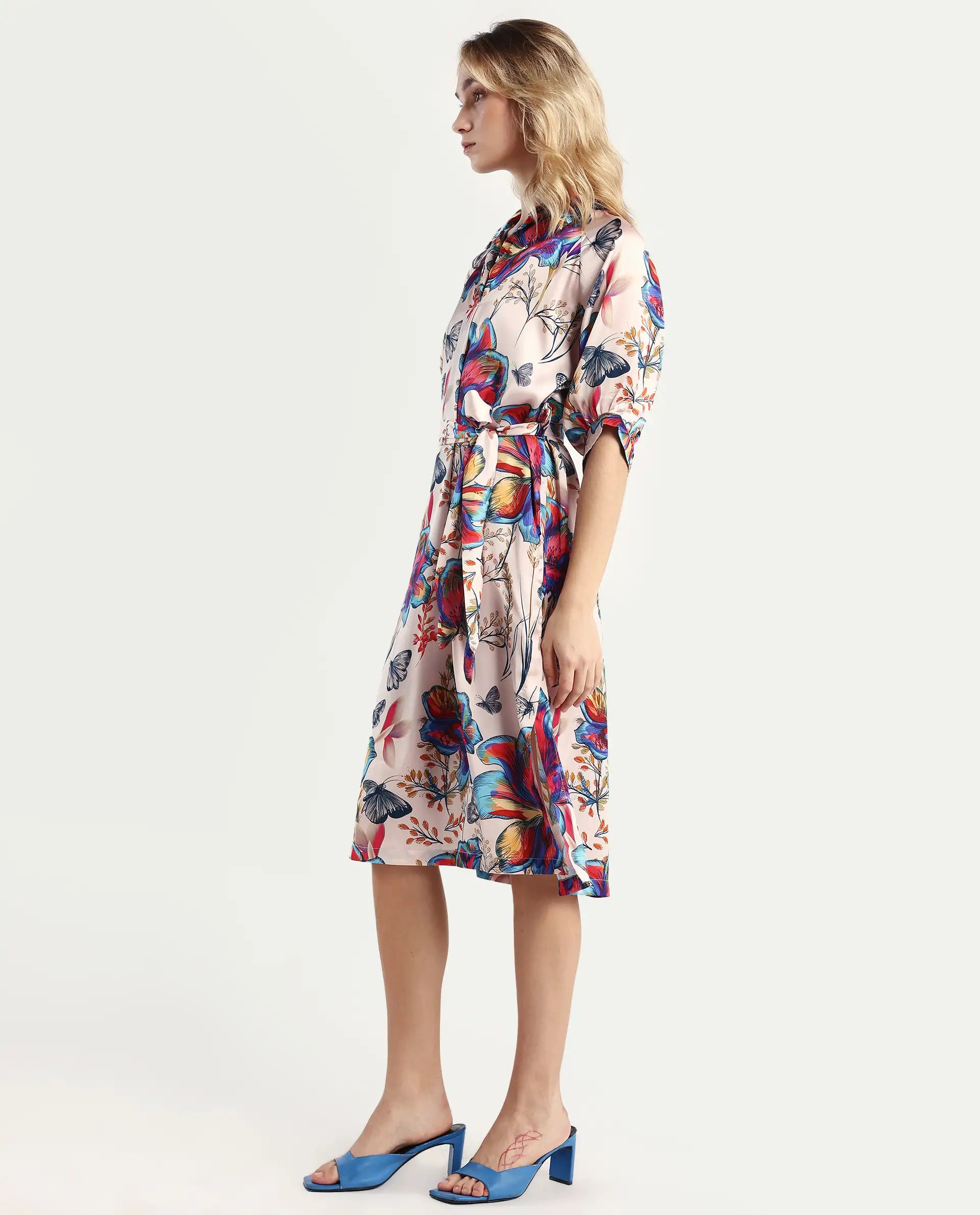 Rareism Women's Borriso Multi Raglan Cotton Blend Drop Collar Floral Print Raglan Sleeve Midi A-Line Dress