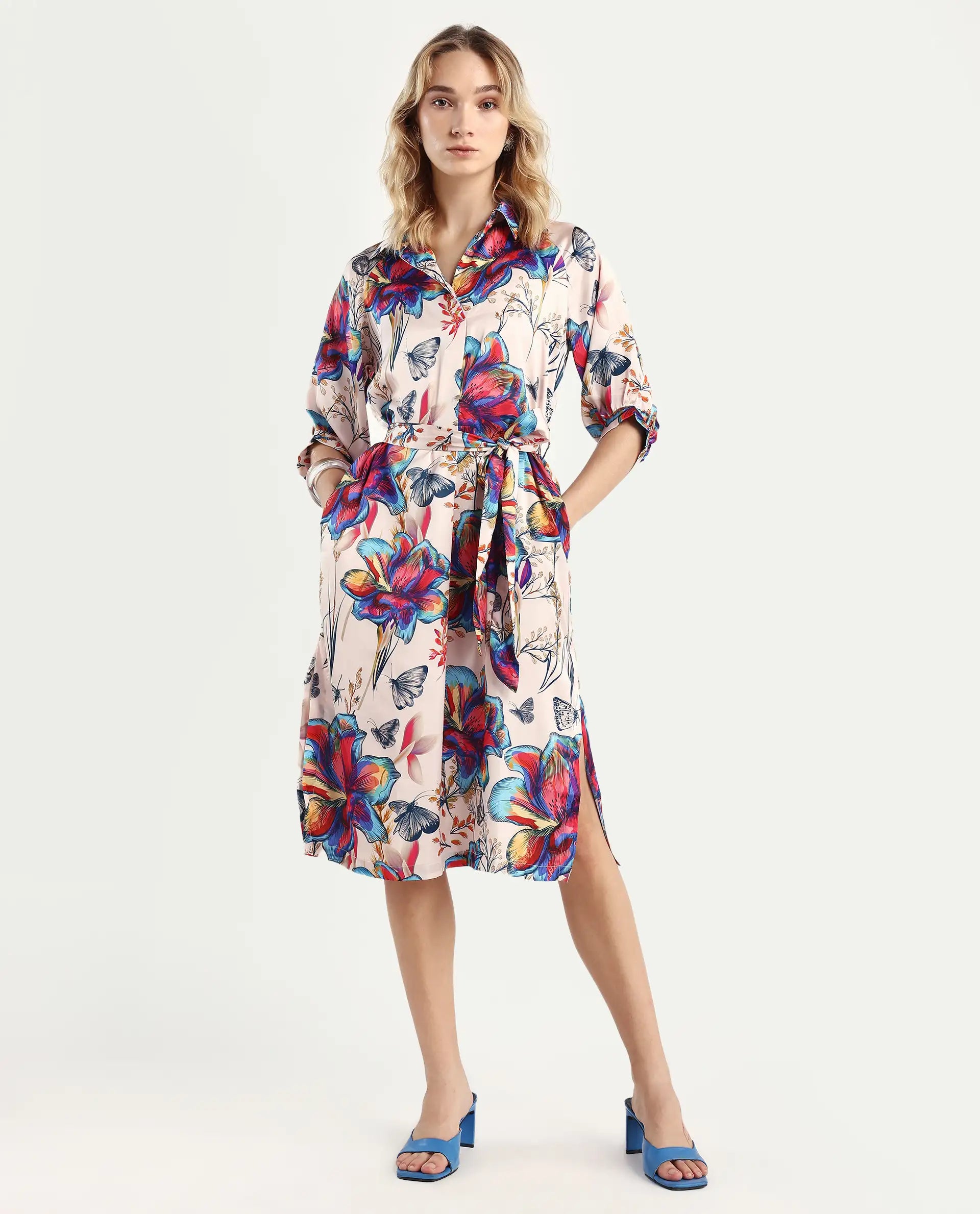 Rareism Women's Borriso Multi Raglan Cotton Blend Drop Collar Floral Print Raglan Sleeve Midi A-Line Dress