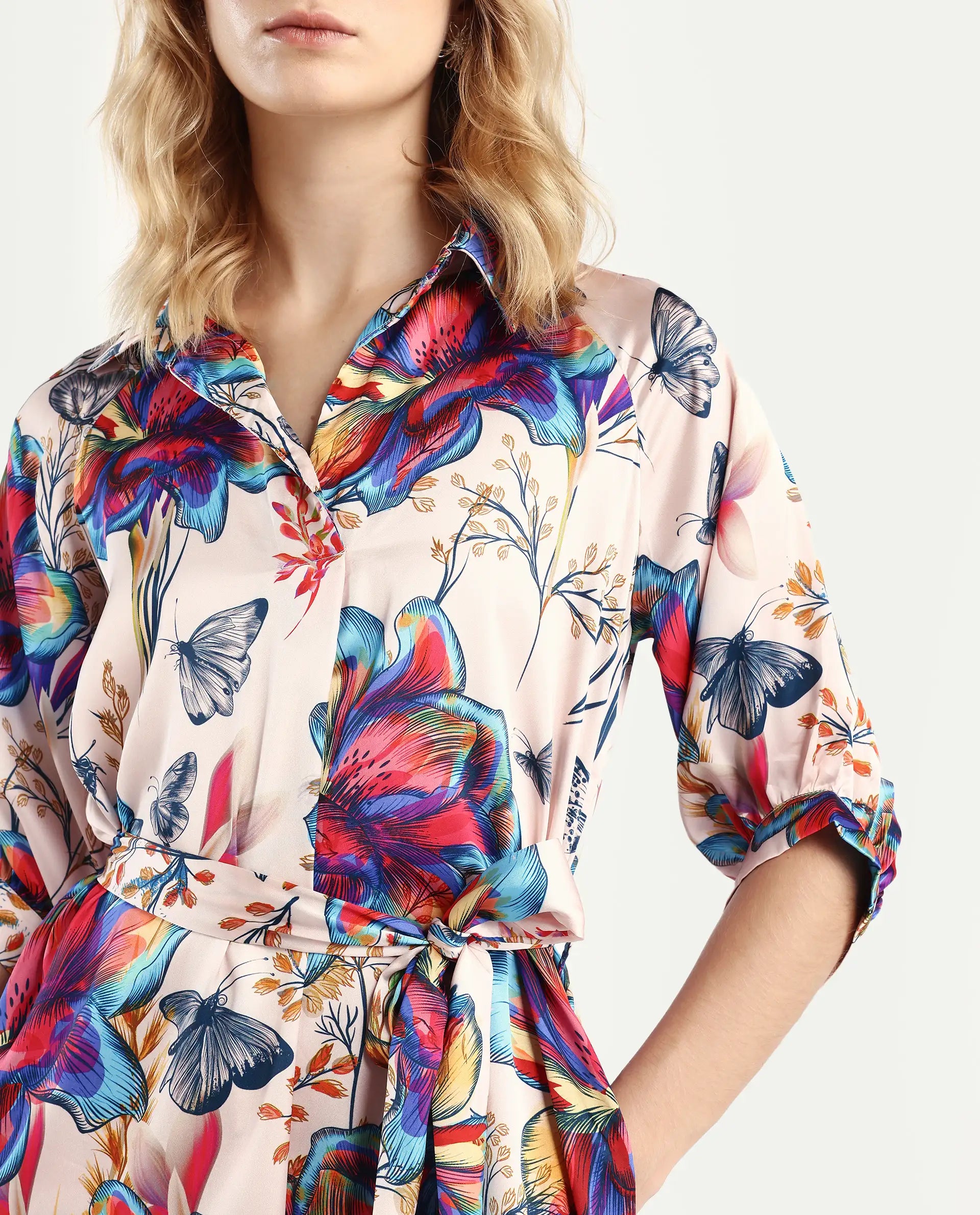 Rareism Women's Borriso Multi Raglan Cotton Blend Drop Collar Floral Print Raglan Sleeve Midi A-Line Dress