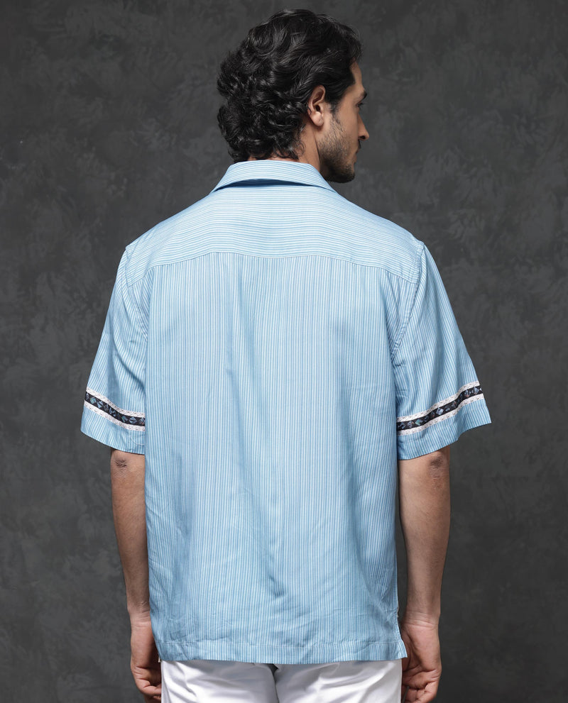 Rare Rabbit Mens Bortan Light Blue Boxy Fit Short Sleeve Placement Print Cuban Collar Shirt